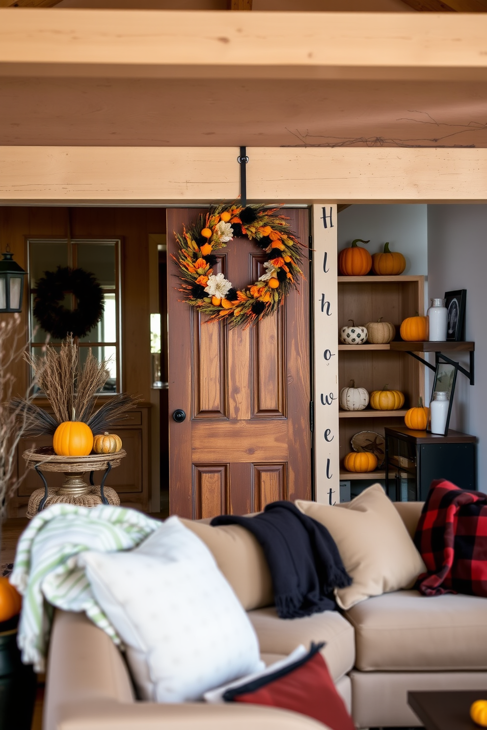 A seasonal wreath adorned with orange and black accents hangs on a rustic front door. The entrance is complemented by subtle Halloween-themed decorations, creating a warm and inviting atmosphere. Inside the loft, cozy throw blankets and plush pillows in autumn colors are arranged on the sofa. Pumpkins of varying sizes are artfully placed on shelves, enhancing the festive spirit of the space.