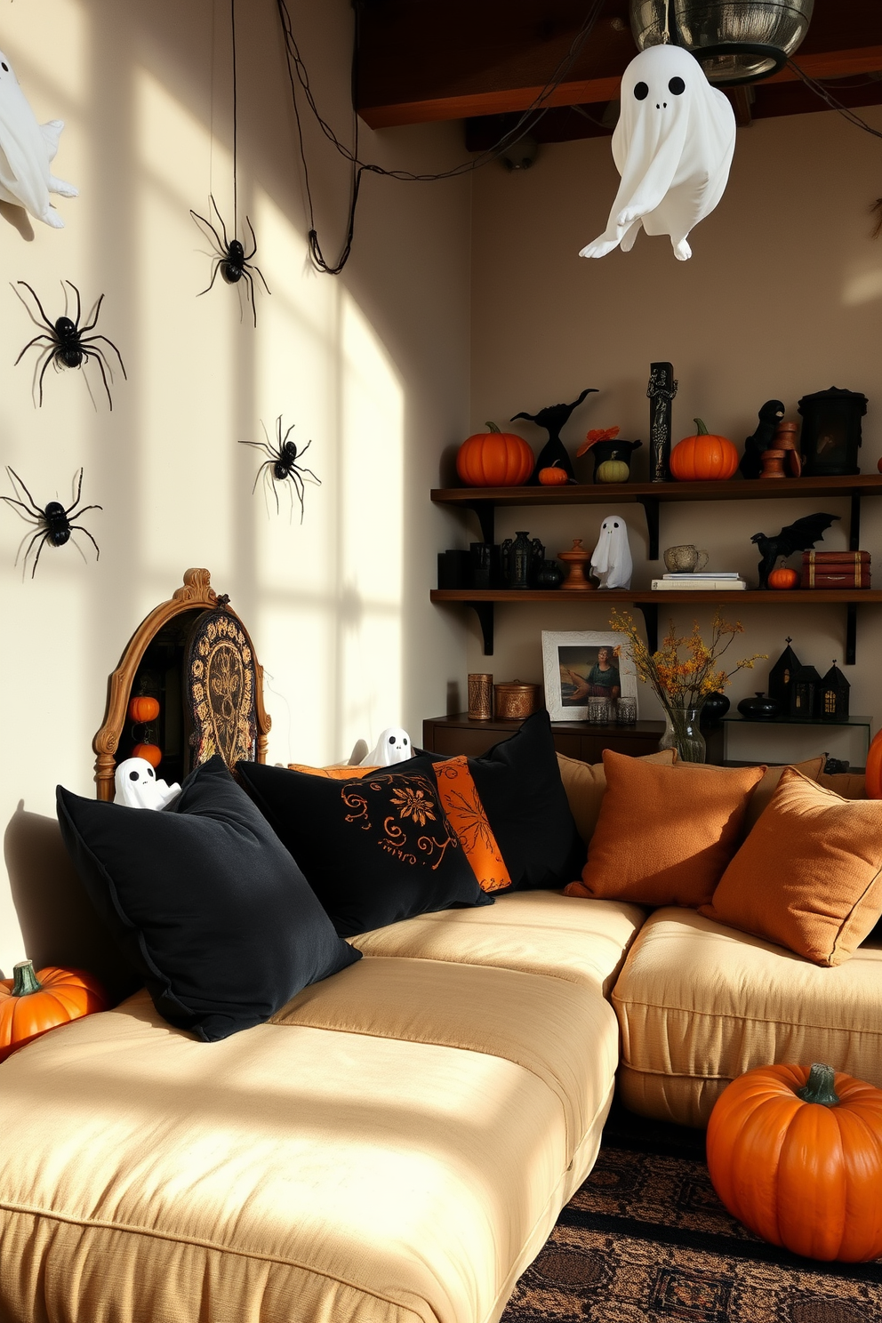 A whimsical loft decorated for Halloween features unexpected creepy crawlies tucked into charming corners. Shadows dance along the walls as playful spiders and ghostly figures peek from behind oversized cushions and shelves filled with autumn decor.