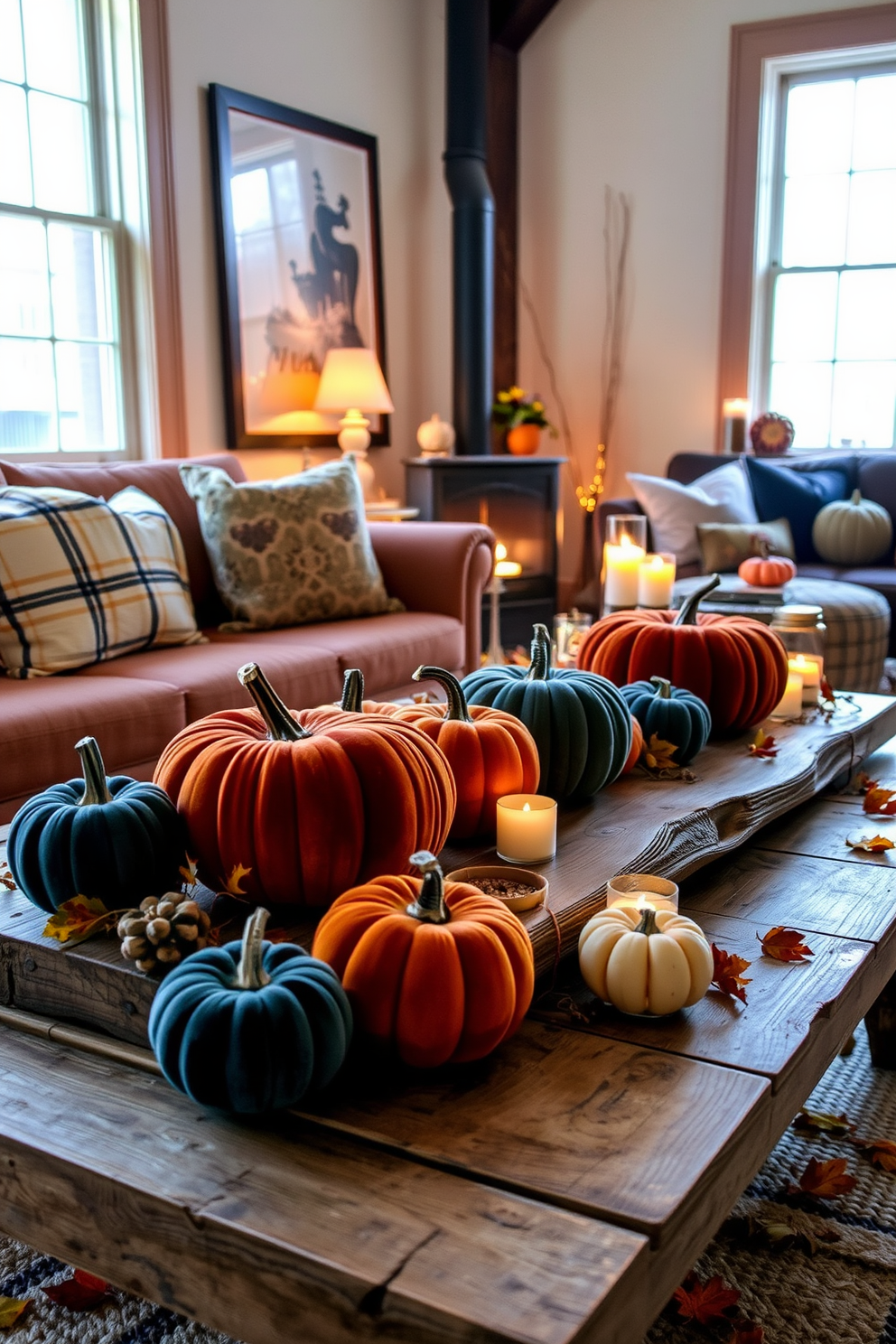 A cozy loft decorated for Halloween featuring velvet pumpkins in various sizes and colors scattered throughout the space. The pumpkins are placed on a rustic wooden coffee table alongside flickering candles and autumn leaves, creating a warm and inviting atmosphere.