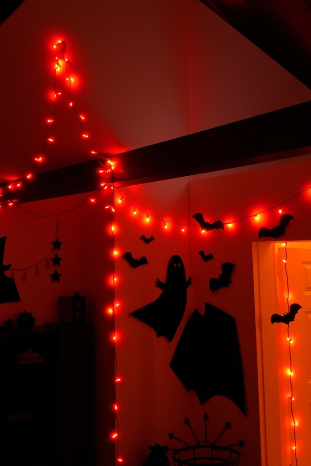 Mood lighting with orange string lights creates a cozy and festive atmosphere in the loft. The walls are adorned with playful Halloween-themed decorations, including silhouettes of bats and ghosts.