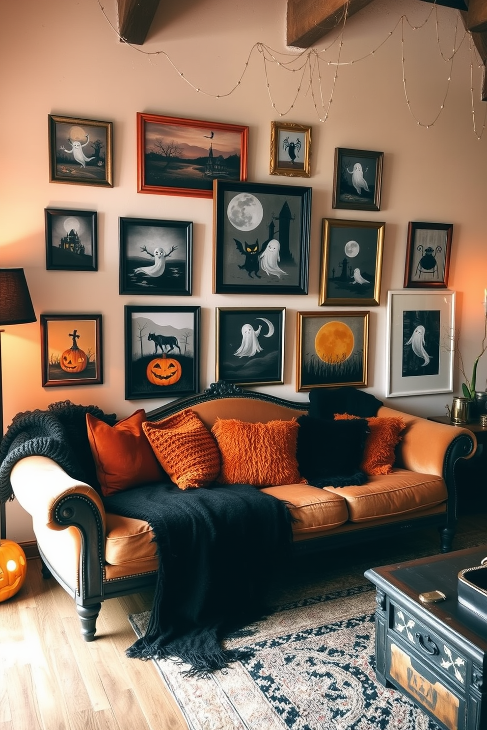 A cozy loft space decorated for Halloween. The walls are adorned with various framed Halloween-themed artworks featuring spooky landscapes and playful ghosts. Soft, warm lighting creates an inviting atmosphere. Plush cushions and throws in orange and black hues are scattered across a vintage sofa, enhancing the festive mood.