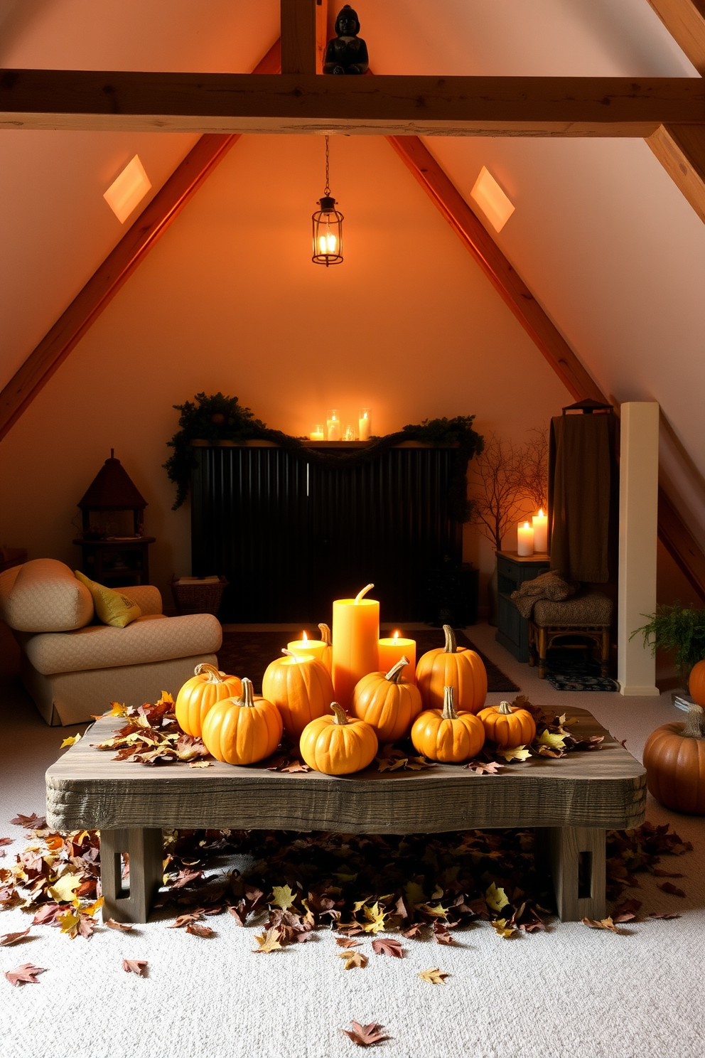 A cozy loft space decorated for Halloween. Soft lighting illuminates the room, highlighting a collection of pumpkin candles arranged on a rustic wooden table surrounded by autumn leaves.