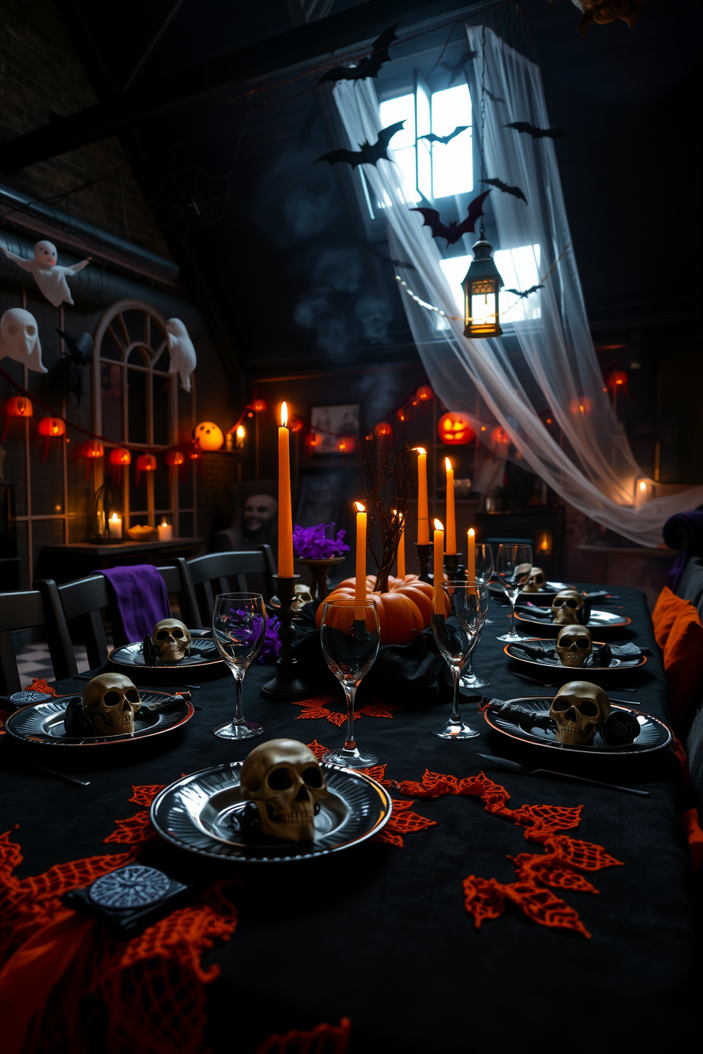 A spooky loft decorated for Halloween features bookshelves filled with eerie decorations. Creepy crawlies made of plastic and fabric are scattered among the books, while cobwebs drape elegantly over the mantel.