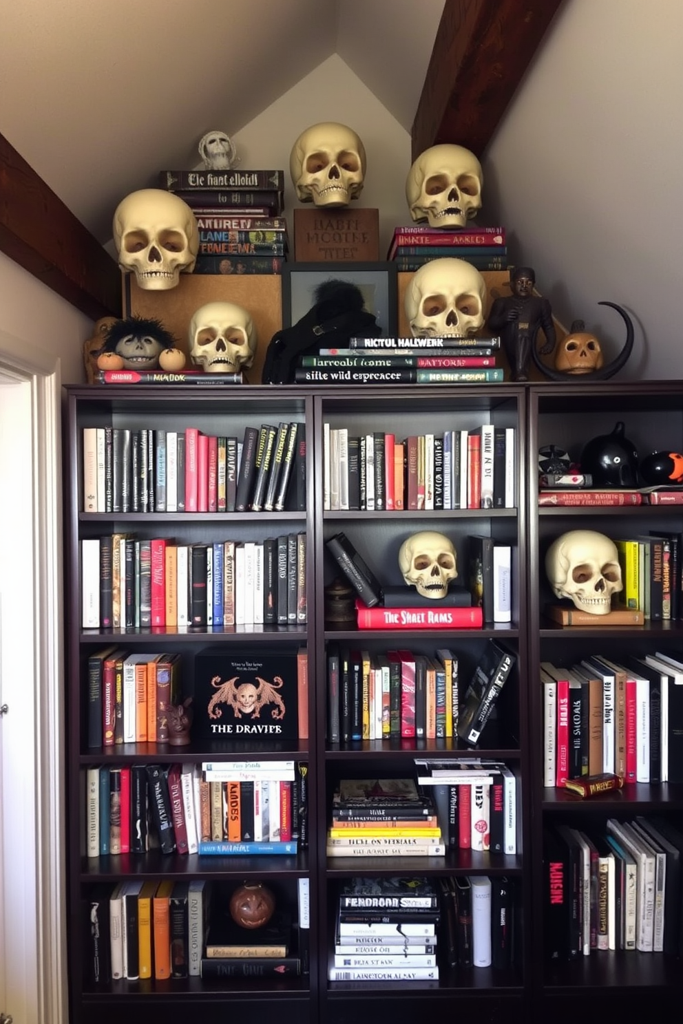 A cozy loft space adorned with decorative skulls placed artfully on dark wooden bookshelves. The shelves are filled with an eclectic mix of books and Halloween-themed decor, creating a playful yet sophisticated atmosphere.