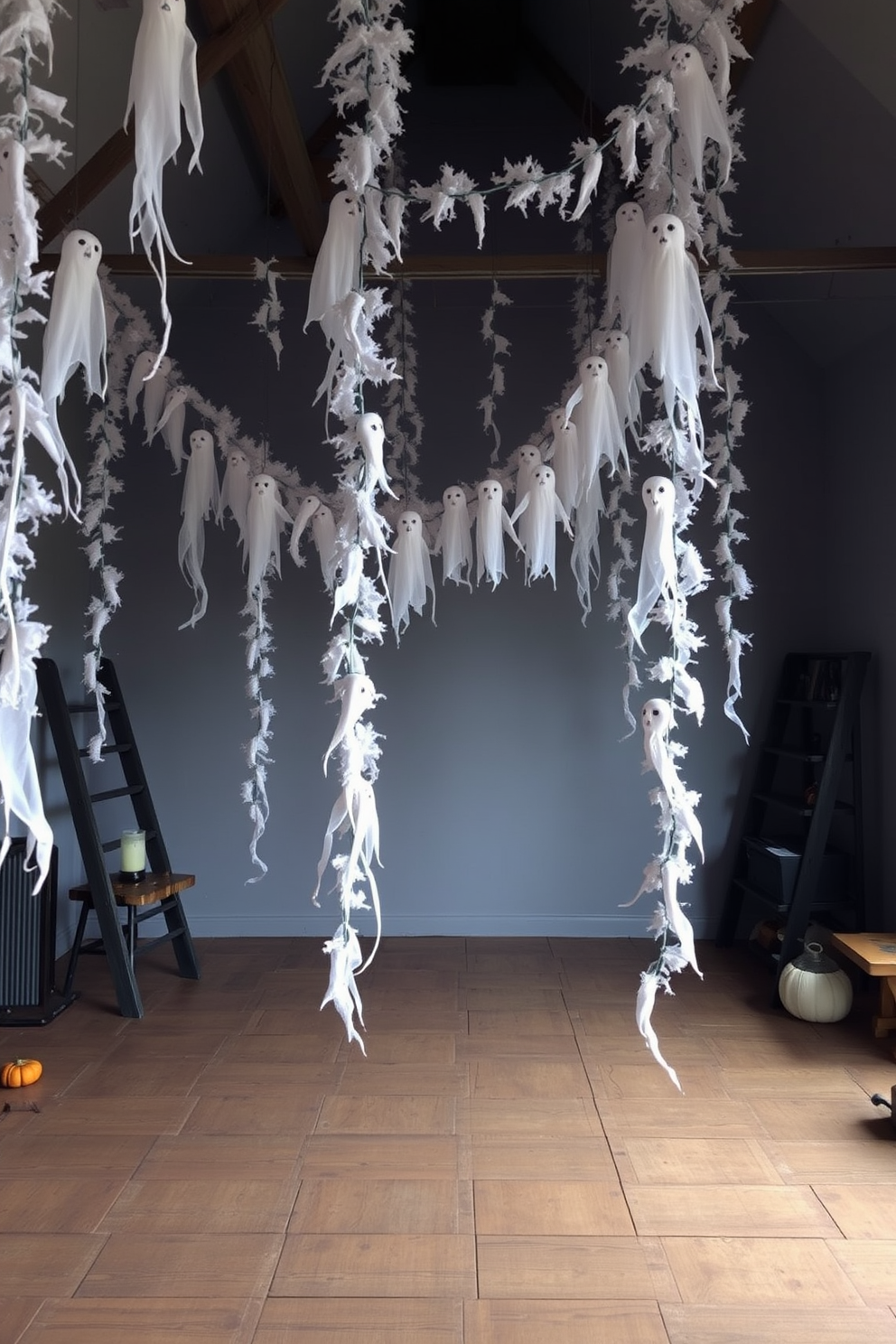 A whimsical loft setting adorned with ghostly garlands hanging from the ceiling. The walls are painted in a soft gray, and the floor features rustic wooden planks, creating a cozy yet eerie atmosphere.