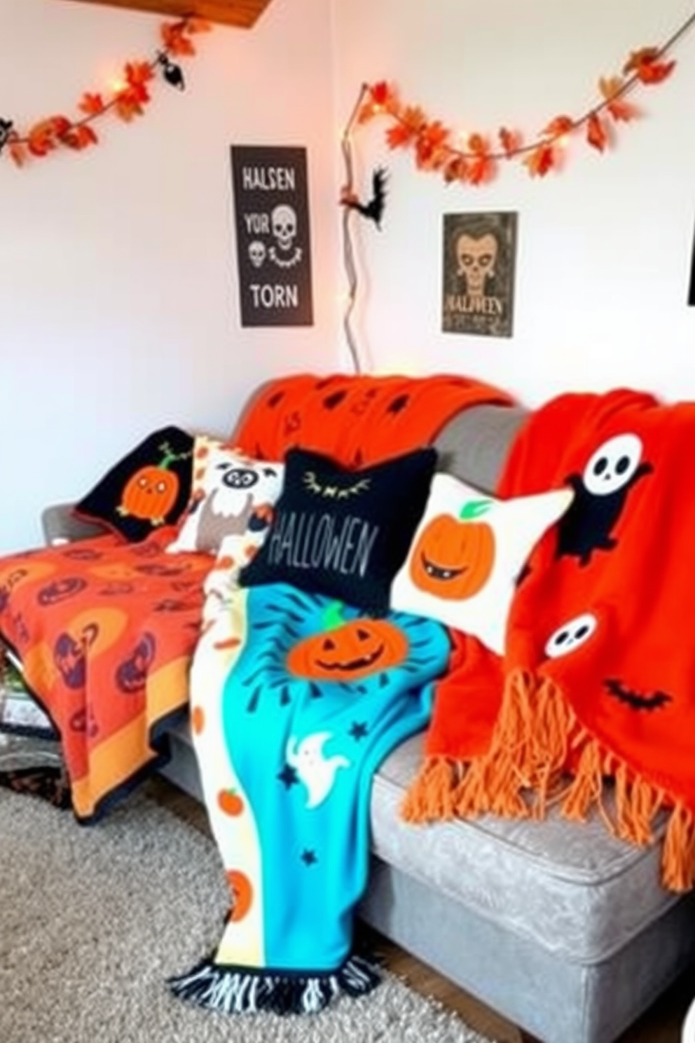 A cozy loft space adorned with whimsical Halloween-themed throw blankets in vibrant colors and playful patterns. The blankets are draped over a plush sofa, complemented by decorative pillows featuring pumpkins and ghosts. Soft, ambient lighting casts a warm glow, enhancing the festive atmosphere. Spooky artwork and garlands of autumn leaves hang on the walls, creating a cheerful yet eerie vibe.