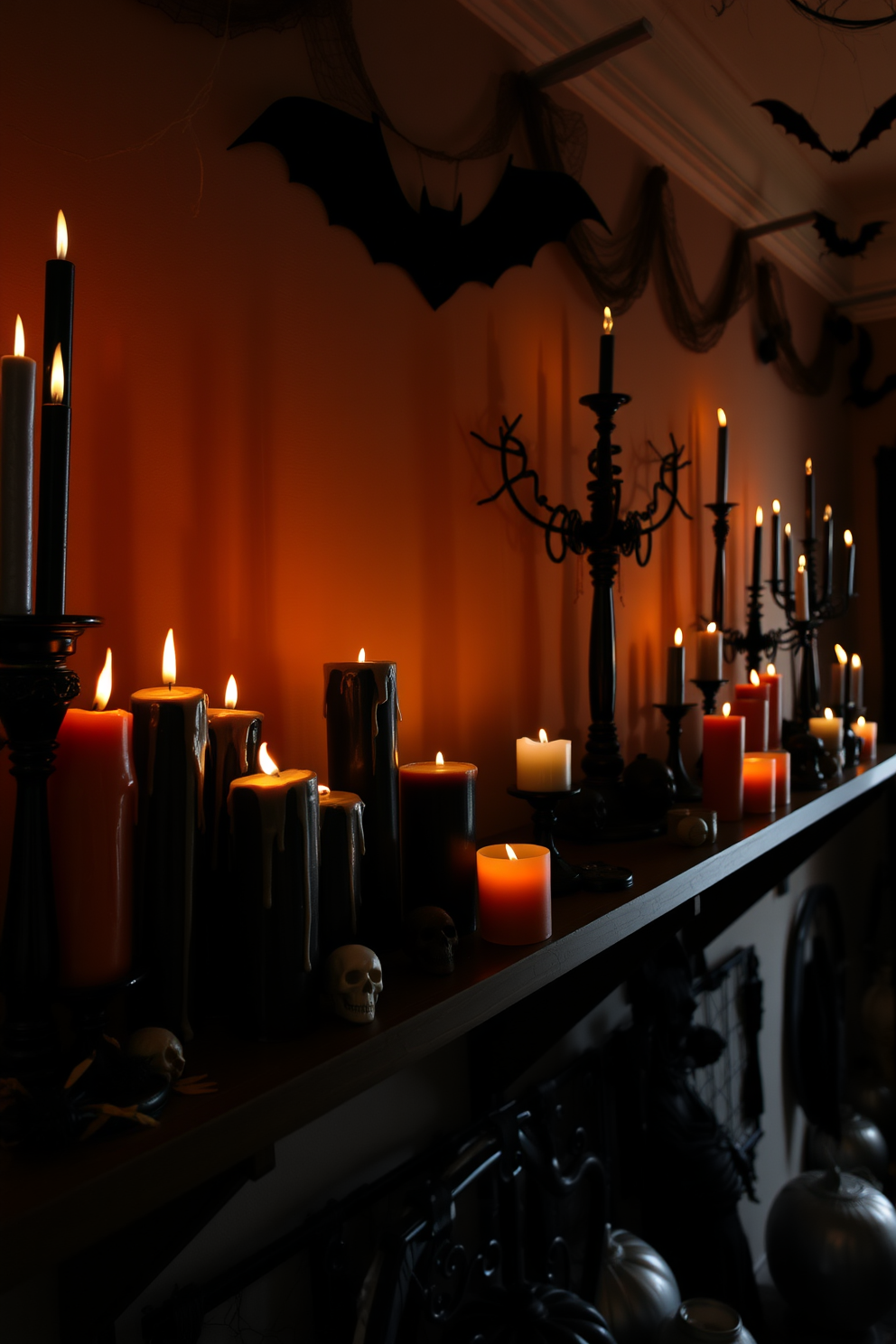 Creepy candle arrangements adorn the shelves, casting eerie shadows across the room. Various sizes of black and orange candles are grouped together, some dripped with wax, while others feature spooky designs like skulls and spiders. The loft is decorated with Halloween-themed accents, including cobwebs and hanging bats. Dim lighting enhances the haunting atmosphere, creating a perfect backdrop for a festive celebration.