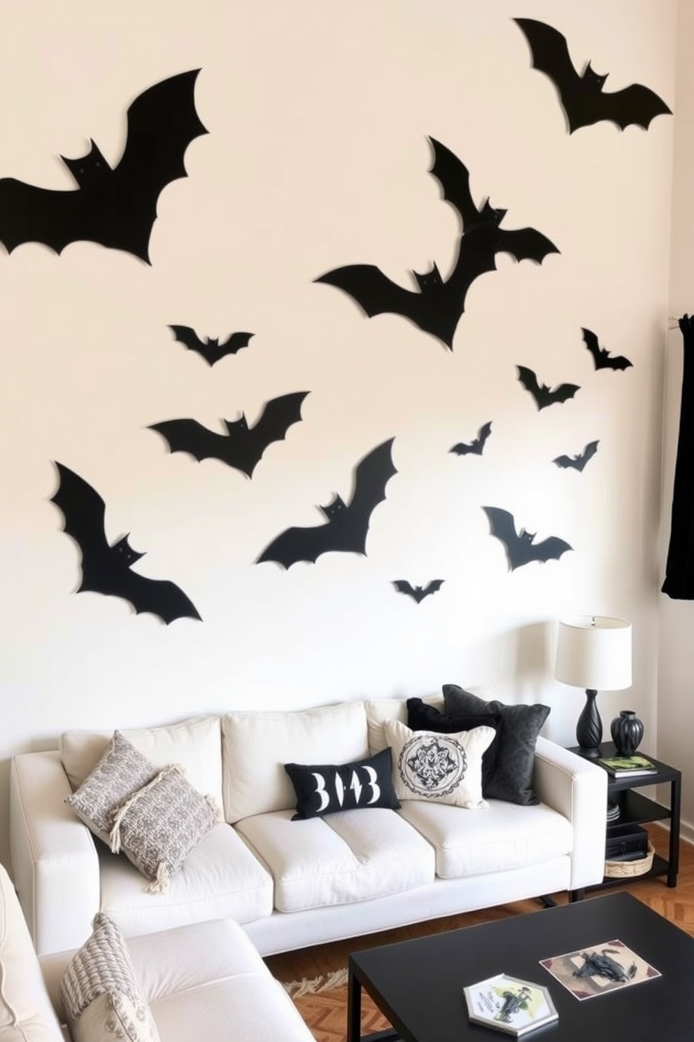 Create a cozy loft space decorated for Halloween. The walls feature artistic bat silhouettes in various sizes, enhancing the festive atmosphere while maintaining a chic aesthetic.