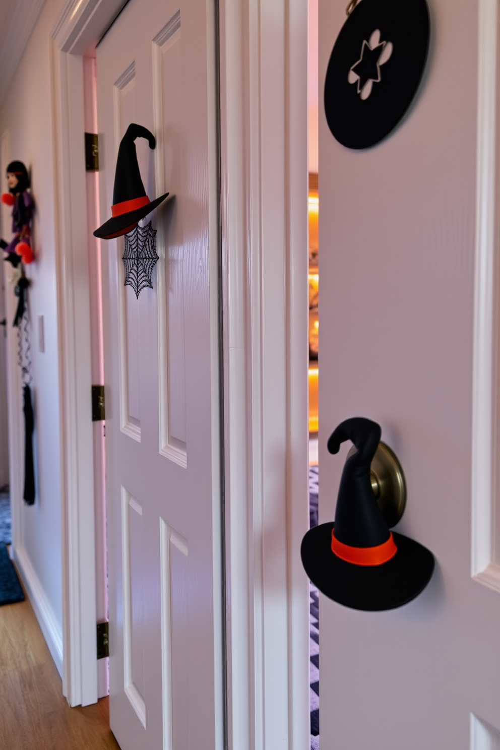 A cozy loft space decorated for Halloween features door handles adorned with whimsical witch hat accents. The atmosphere is enhanced by soft, ambient lighting and playful decorations that evoke a festive spirit.