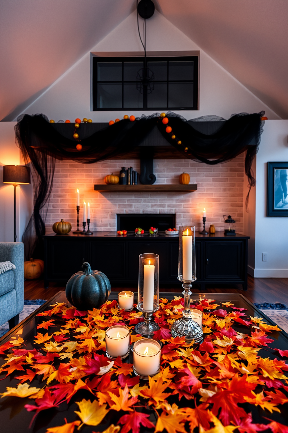 A whimsical Halloween loft decorated with silhouettes of bats flying across the walls. The space features a cozy seating area with plush cushions, and warm ambient lighting casts playful shadows of the bats.