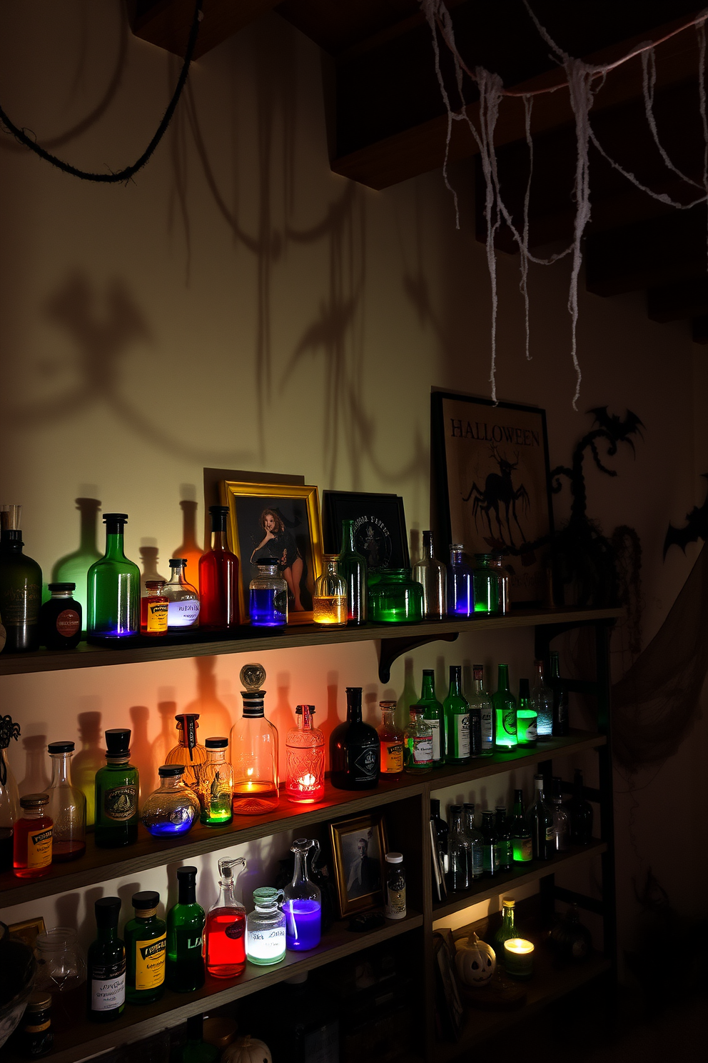 A cozy loft space adorned with mysterious potion bottles as decor. The shelves are lined with various glass and ceramic bottles filled with colorful liquids, creating an enchanting atmosphere. Dim lighting casts intriguing shadows on the walls, enhancing the Halloween theme. Spooky artwork and cobwebs add to the whimsical charm of the decorated loft.