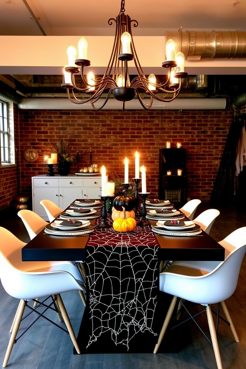 A stylish dining table adorned with a spider web table runner sets the perfect Halloween ambiance. The table is surrounded by modern chairs, and soft candlelight flickers from decorative holders, creating an inviting yet spooky atmosphere. Above the table, a striking chandelier casts a warm glow, enhancing the loft's industrial features. Dark autumnal accents like mini pumpkins and eerie centerpieces complete the festive look, making the space both chic and seasonal.