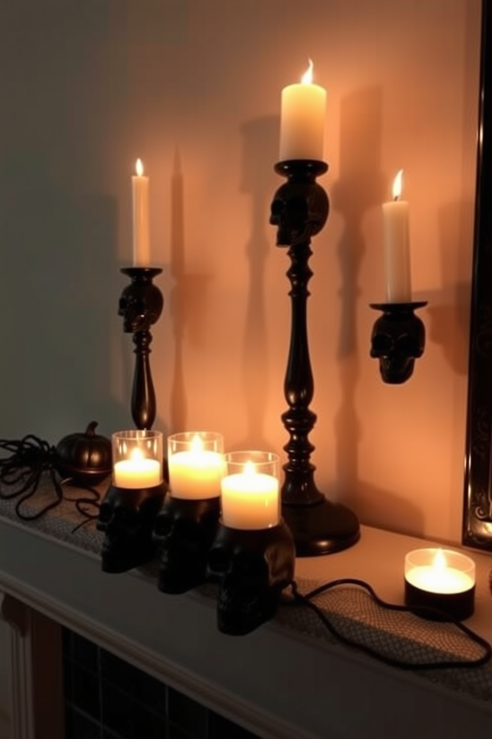 A spooky Halloween mantel decorated with black candle holders shaped like skulls. The candle holders are arranged in varying heights, creating an eerie yet stylish display, complemented by flickering candles casting shadows on the wall.