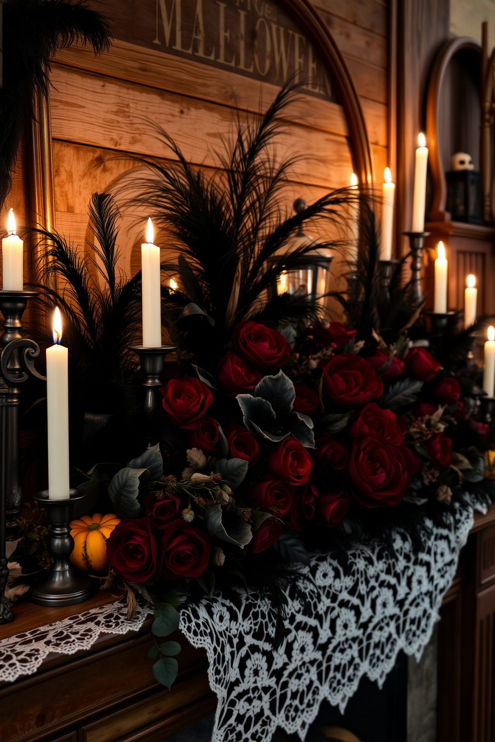 A hauntingly beautiful mantel adorned with dark, moody floral arrangements featuring deep red roses, black dahlias, and wispy black feathers. Candles in varying heights flicker softly, casting eerie shadows against a backdrop of rustic wood and vintage Halloween decor. The arrangement is complemented by small pumpkins and dried leaves, creating an inviting yet spooky atmosphere. A delicate lace runner stretches across the mantel, enhancing the elegance of the haunting display.