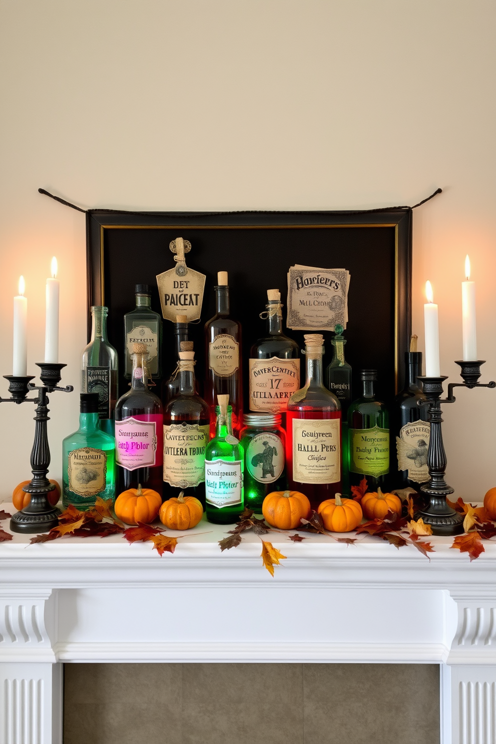 A whimsical Halloween mantel featuring an array of mysterious potion bottles in various shapes and sizes. The bottles are filled with colorful liquids and adorned with vintage labels, creating an enchanting atmosphere. Surrounding the potion bottles are scattered autumn leaves and small pumpkins, adding a seasonal touch. Soft candlelight flickers from ornate candlesticks, casting shadows that enhance the mysterious vibe of the decor.