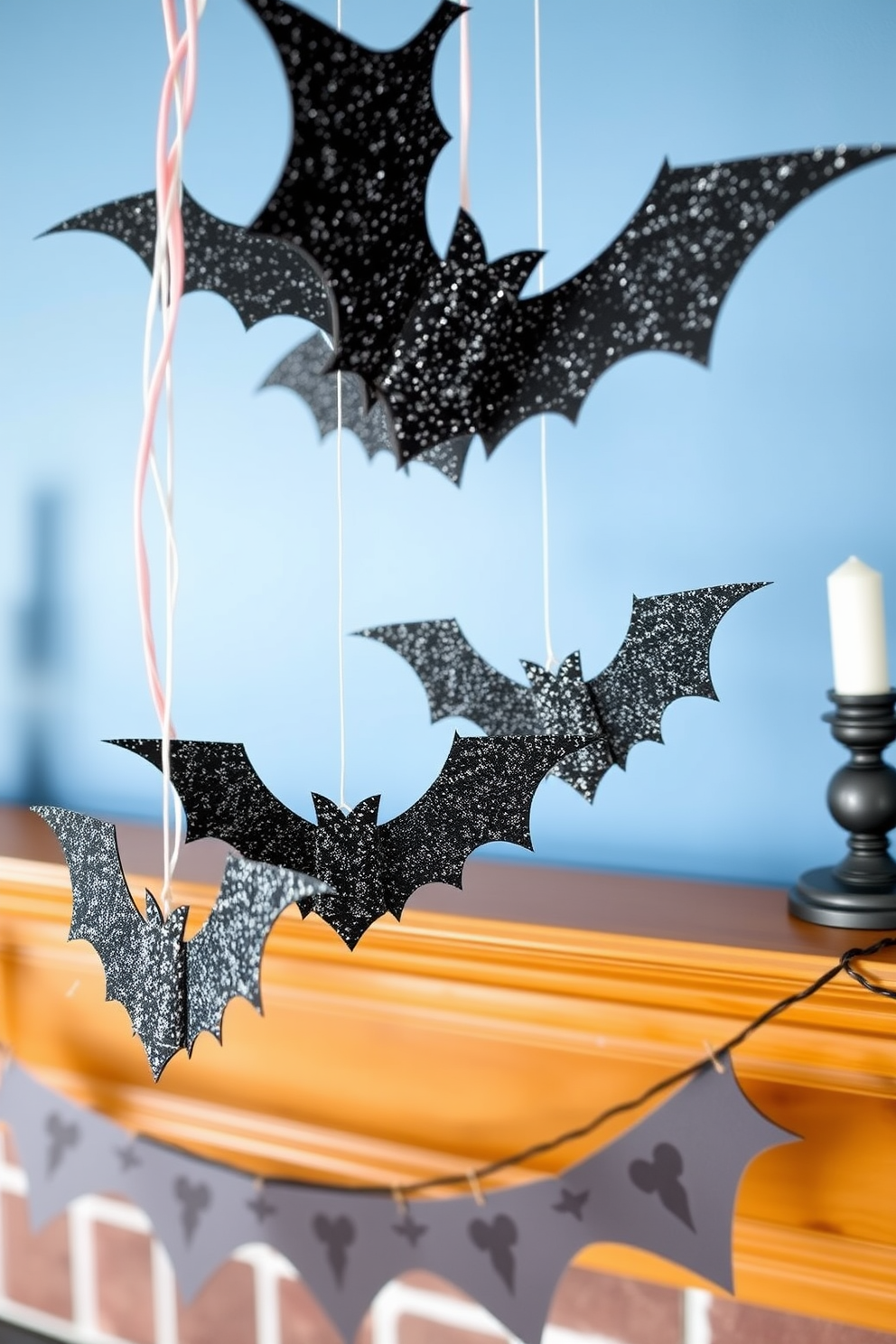 A festive Halloween mantel adorned with glittery bats suspended from the mantle. The bats are crafted from black glitter paper, adding a touch of sparkle against the warm wood of the mantle.