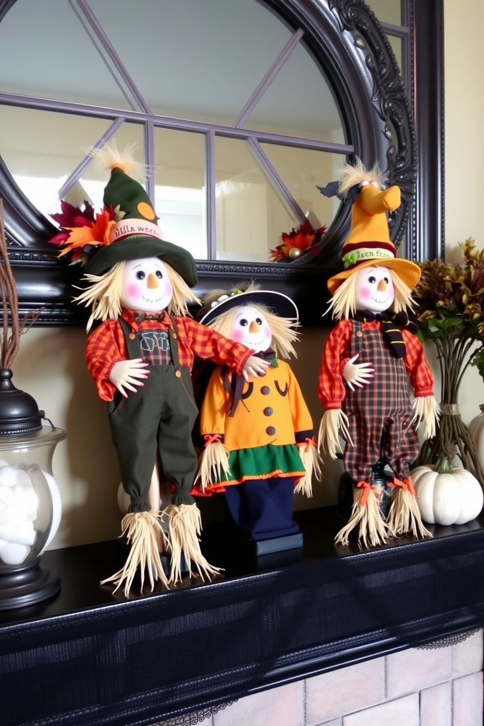 Charming scarecrow figures are placed strategically on the mantel, bringing a whimsical and festive atmosphere to the Halloween decor. Each scarecrow is adorned with colorful fabrics and playful accessories, creating a delightful focal point that captures the spirit of the season.