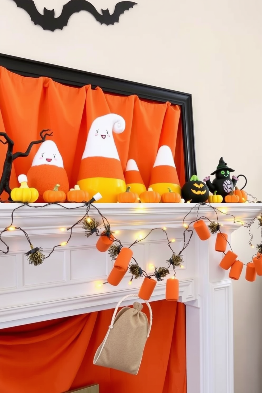 A whimsical Halloween mantel is adorned with playful candy corn decorations in various sizes and colors. The mantel features a backdrop of soft orange fabric, enhancing the festive atmosphere with small pumpkins and fairy lights interspersed among the candy corn.