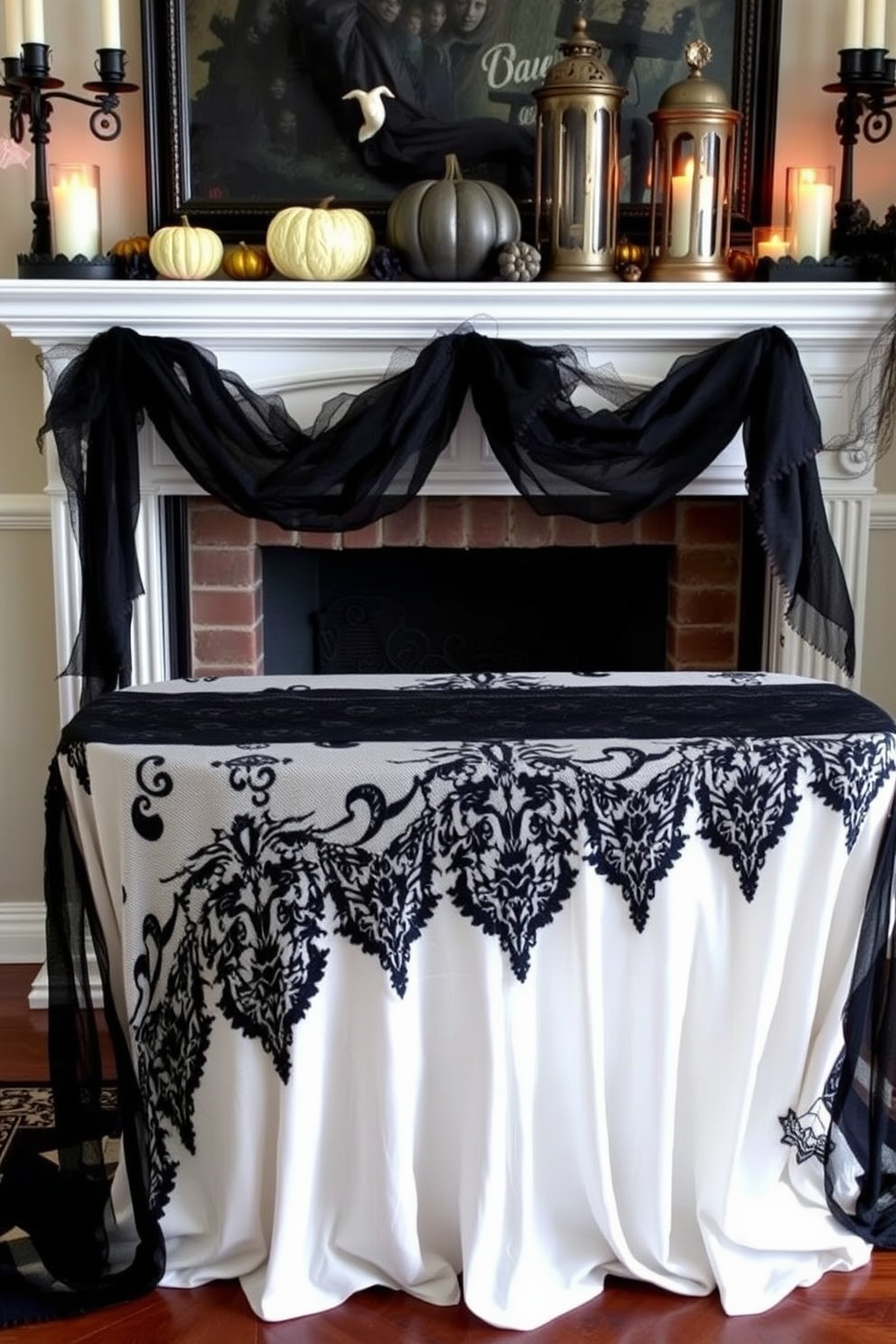 A hauntingly beautiful display of framed artwork adorns the mantel, featuring eerie yet captivating pieces that evoke the spirit of Halloween. The artwork is complemented by flickering candlelight and delicate cobwebs, creating a mysterious ambiance that enchants all who enter the room.