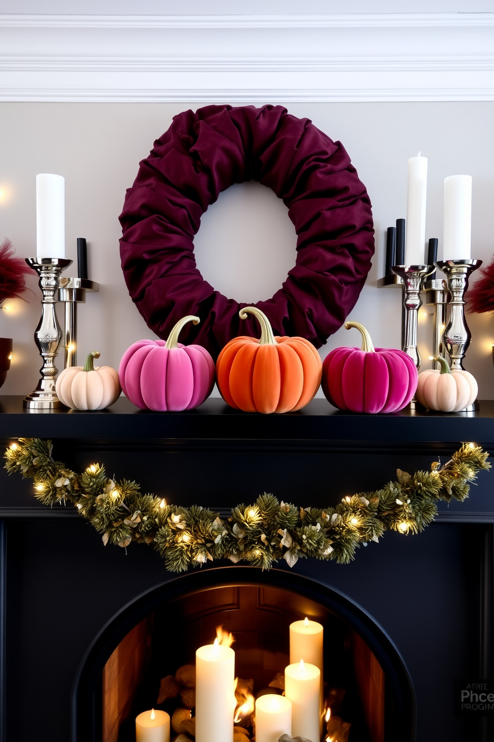 Chic velvet pumpkins in rich jewel tones are artfully arranged on a sleek black mantel. The pumpkins are complemented by elegant candle holders and a backdrop of soft, twinkling fairy lights for a warm ambiance.