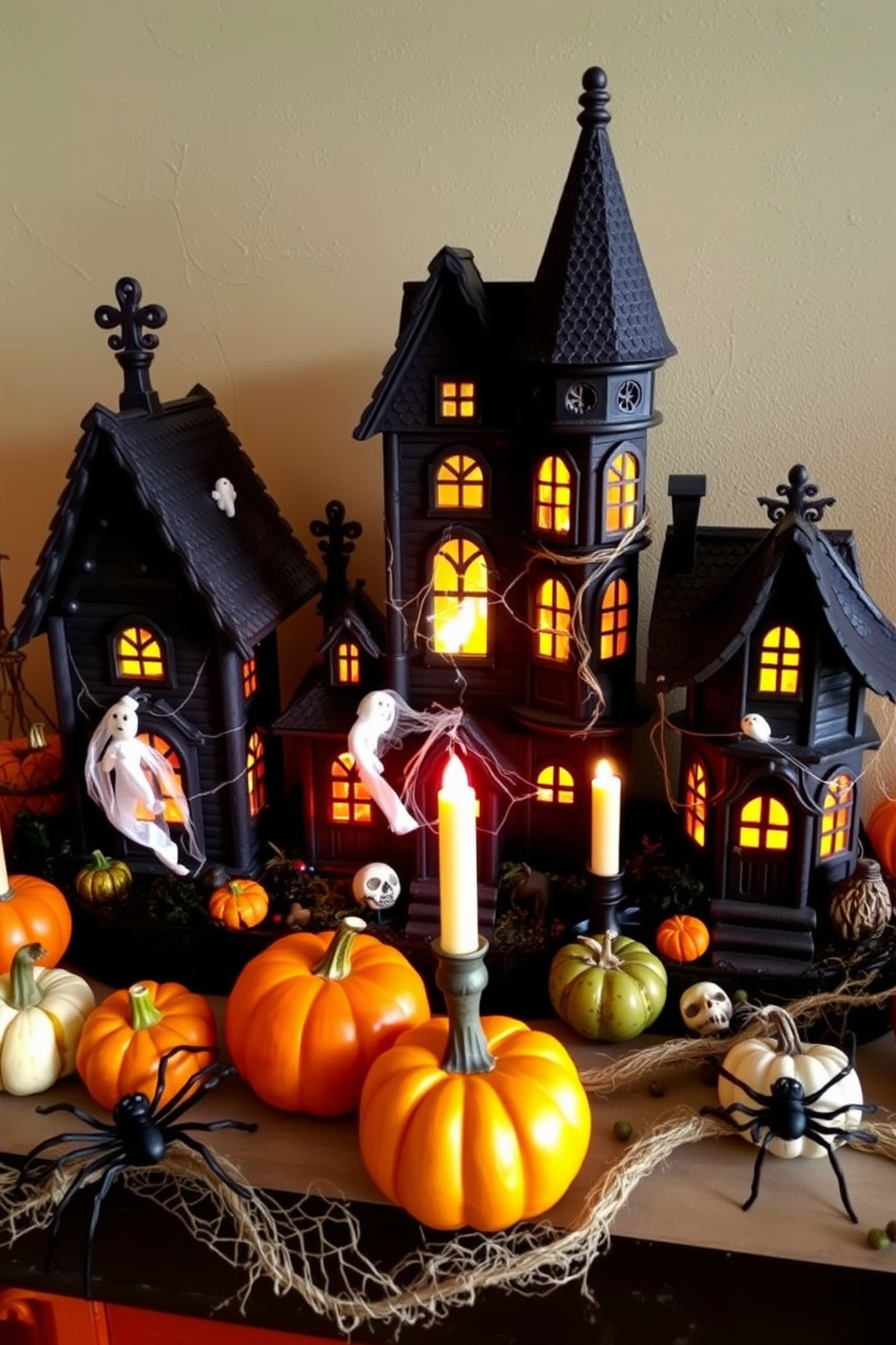 Miniature haunted houses create a whimsical and playful atmosphere perfect for Halloween. Each house features intricate details like tiny ghosts, cobwebs, and flickering lights to enhance the festive spirit. For mantel decorating ideas, arrange the miniature haunted houses alongside autumnal accents such as pumpkins and gourds. Incorporate spooky elements like faux spiders and candles to add an enchanting touch to your Halloween decor.