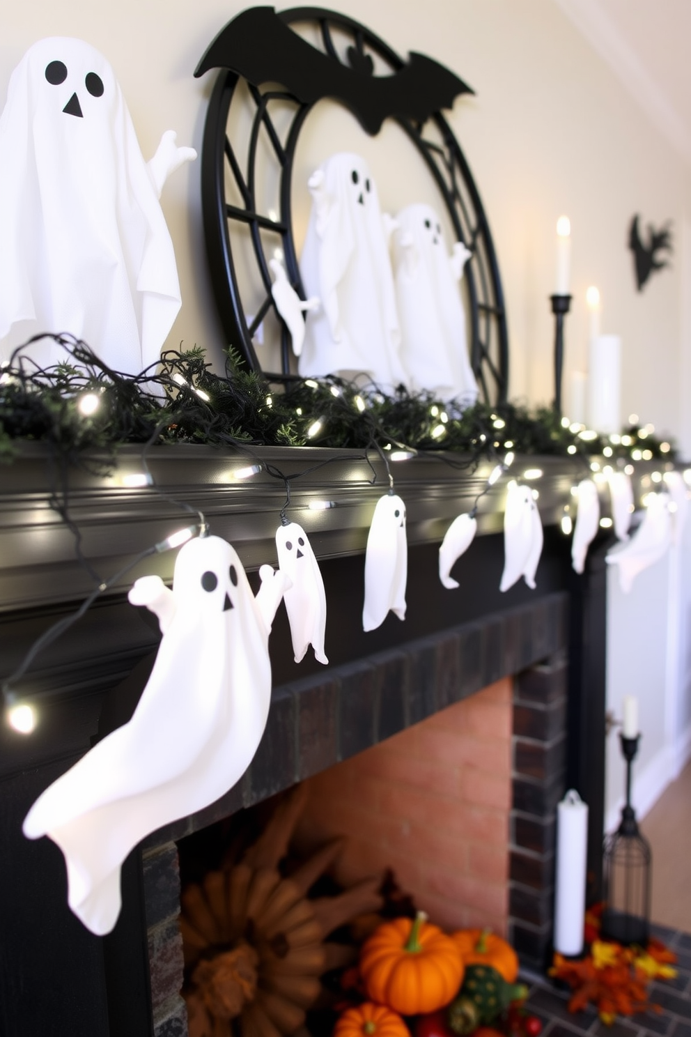 A festive Halloween mantel adorned with ghostly white lights strung elegantly along the mantle. The lights create a whimsical glow, complementing seasonal decorations like small pumpkins and autumn leaves scattered throughout.