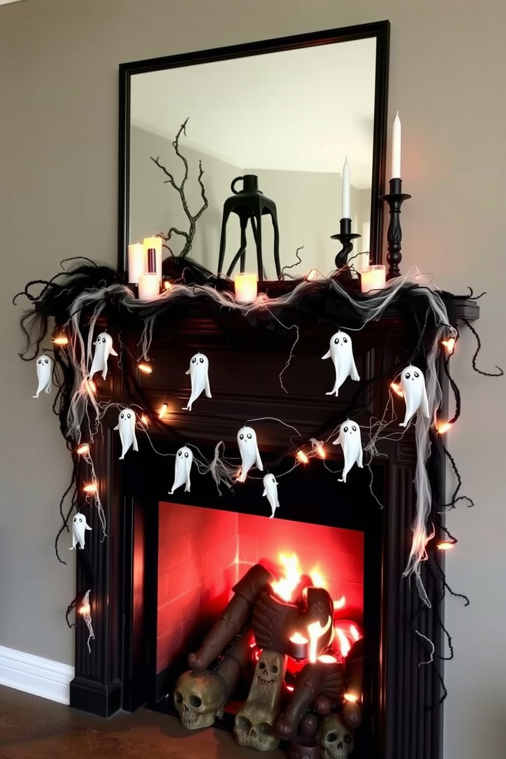 A spooky mantle adorned with an eerie ghostly garland that cascades down the sides. The garland is interspersed with small, flickering LED candles and cobwebs, creating a haunting atmosphere perfect for Halloween.