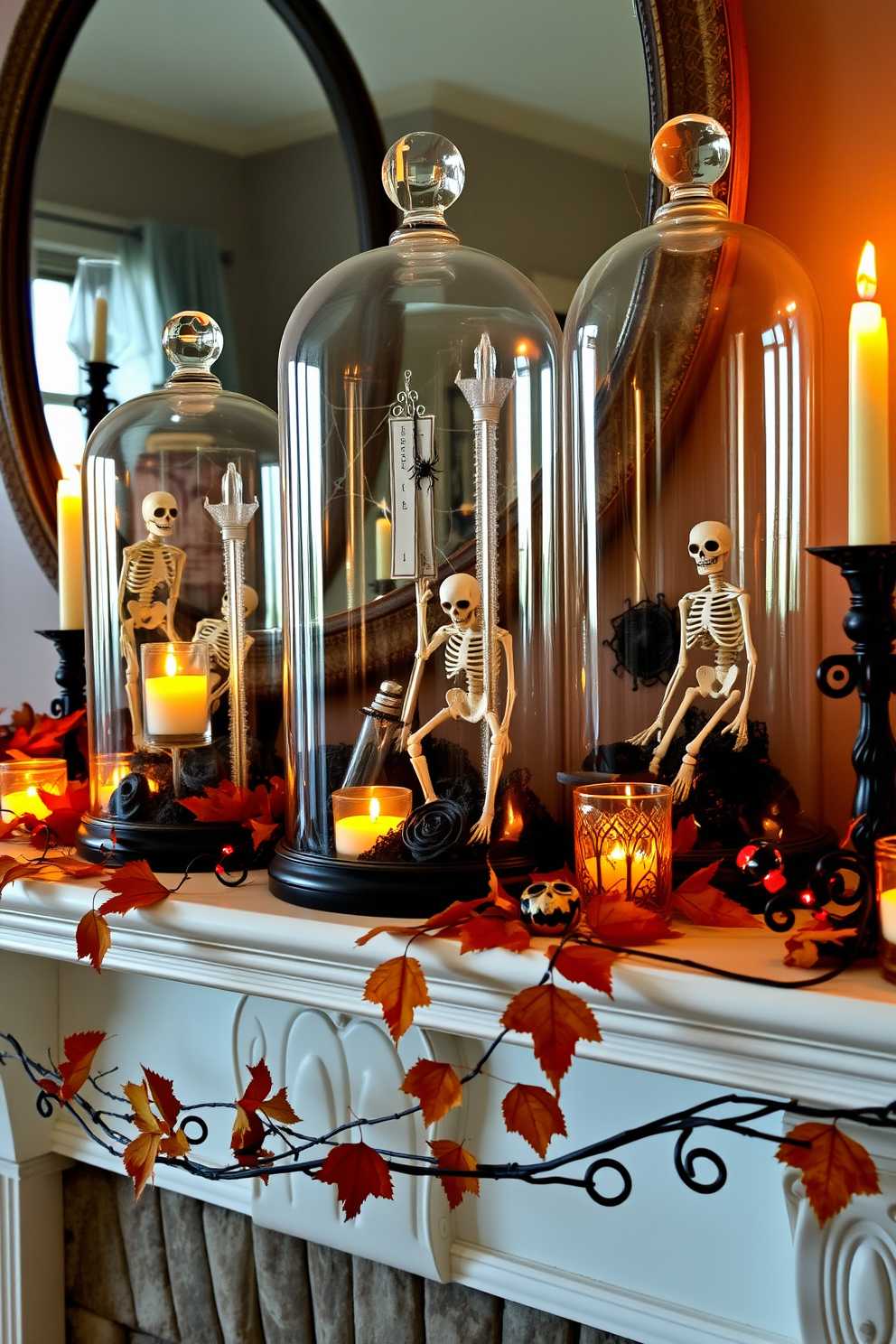 Elegant glass cloches display an assortment of spooky items such as miniature skeletons and faux spider webs. The mantel is adorned with autumn leaves and flickering candlelight, creating an inviting yet eerie atmosphere for Halloween.