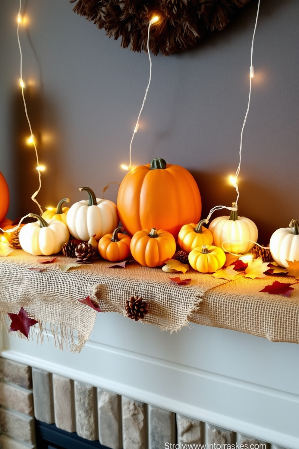 A cozy Halloween mantel decorated with rustic burlap accents. The mantel features a mix of small pumpkins in various colors and sizes, surrounded by strands of twinkling fairy lights for a warm glow. Draped across the mantel is a burlap runner that adds texture and warmth to the display. Scattered among the pumpkins are autumn leaves and pinecones, creating a festive and inviting atmosphere.