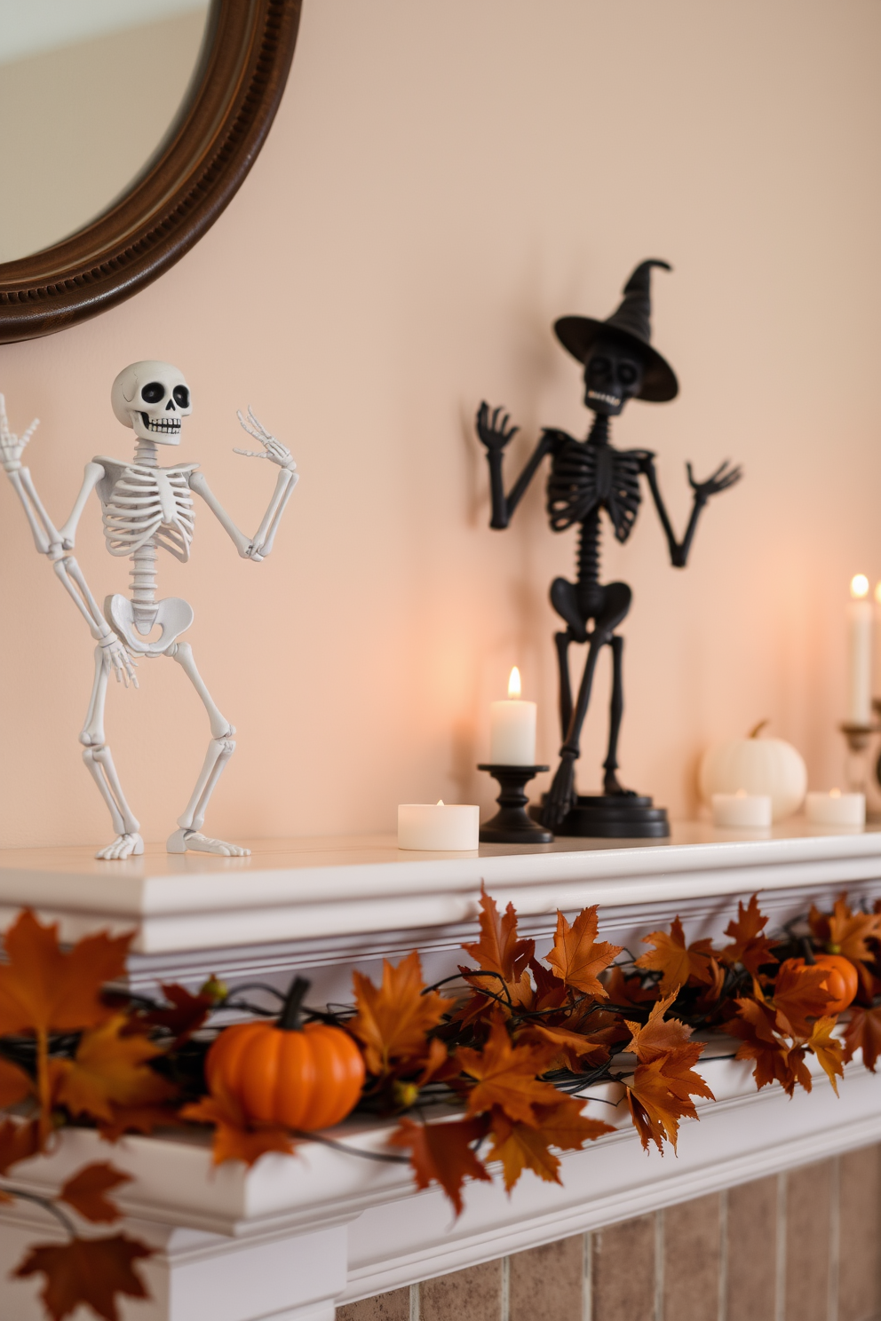 Charming skeleton figurines in playful poses are arranged along the mantel, creating a whimsical and festive atmosphere. The mantel is adorned with autumn leaves, miniature pumpkins, and flickering candles to enhance the Halloween spirit.