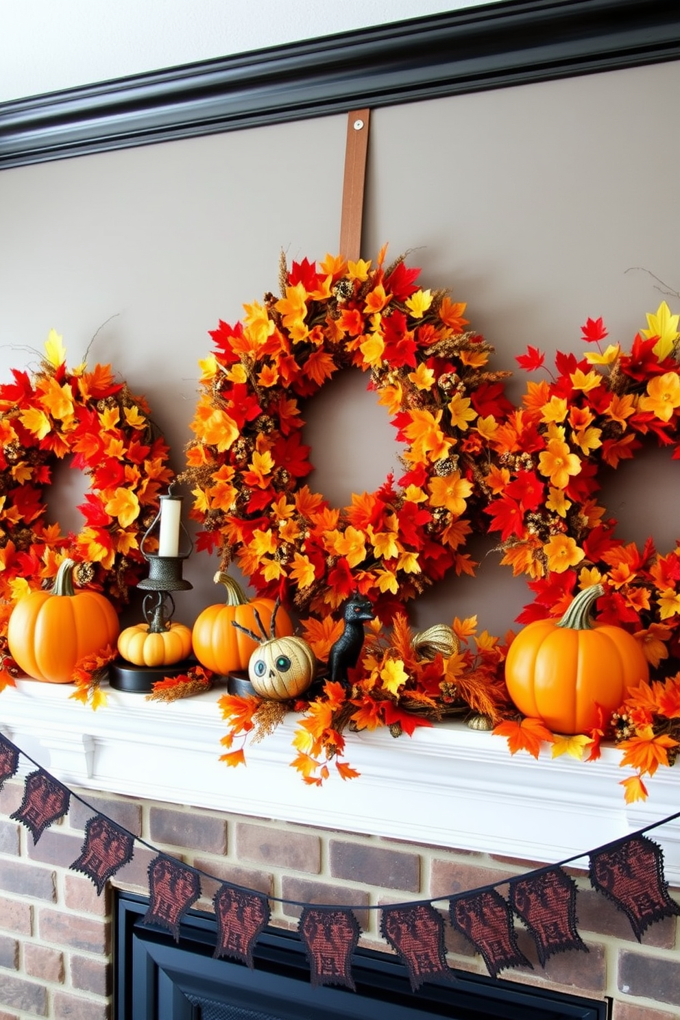 Chic glass cloches are elegantly arranged on a mantel, each showcasing a curated selection of seasonal items. The display includes miniature pumpkins, autumn leaves, and candles, creating a warm and inviting atmosphere for Halloween.