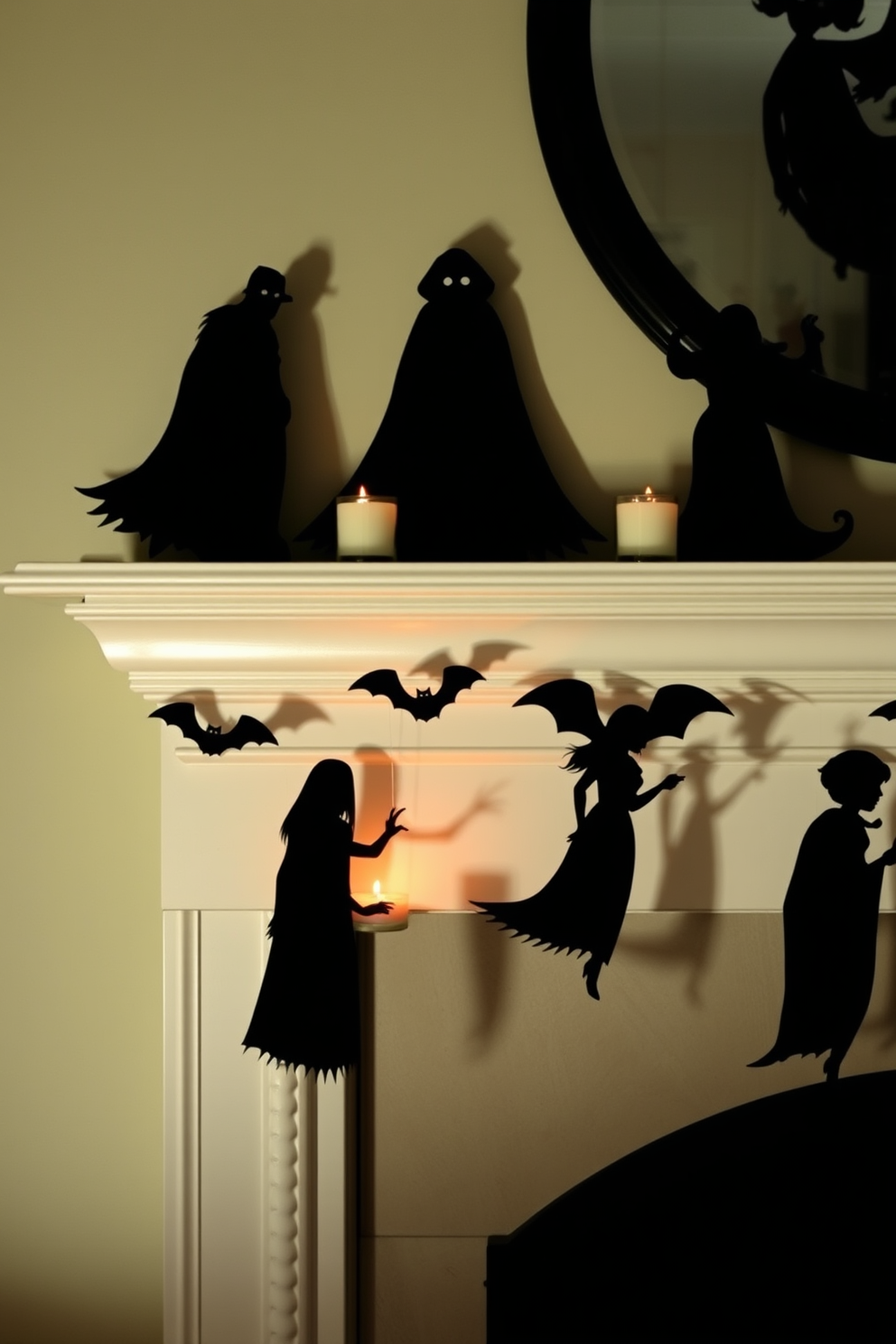 Spooky silhouettes cut from black cardstock are strategically placed along the mantel, creating an eerie yet stylish Halloween display. Flickering candlelight casts shadows, enhancing the haunting atmosphere and inviting a sense of mystery to the room.