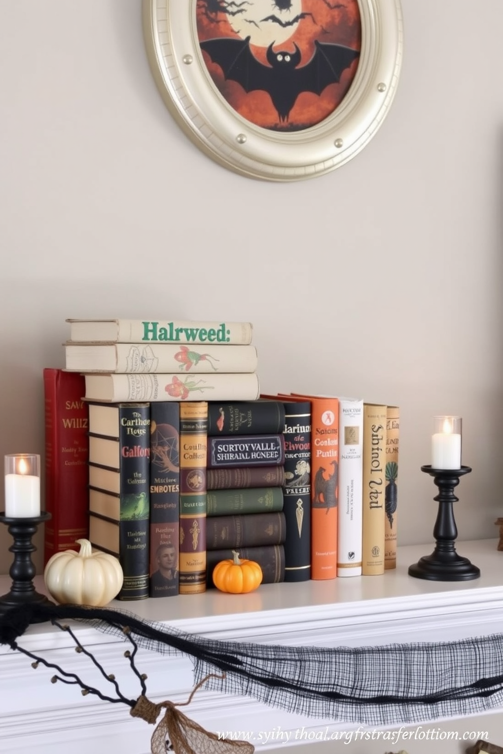 A charming mantel decorated for Halloween features a collection of vintage books stacked in a creative arrangement. The books, adorned with spooky illustrations and colors, are complemented by small decorative pumpkins and flickering candle holders.