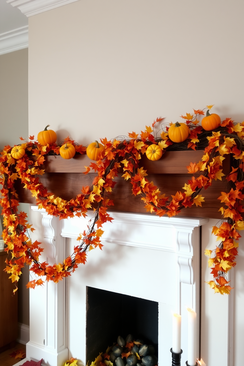 Charming autumnal garlands adorned with small pumpkins drape elegantly across a rustic mantel. The warm hues of orange and yellow create a cozy atmosphere, complemented by flickering candlelight and autumn leaves scattered beneath.