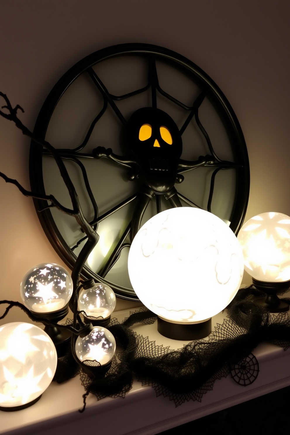 A captivating Halloween mantel adorned with mysterious crystal balls of varying sizes. Each crystal ball is illuminated from within, casting enchanting shadows and adding a magical touch to the festive decor.