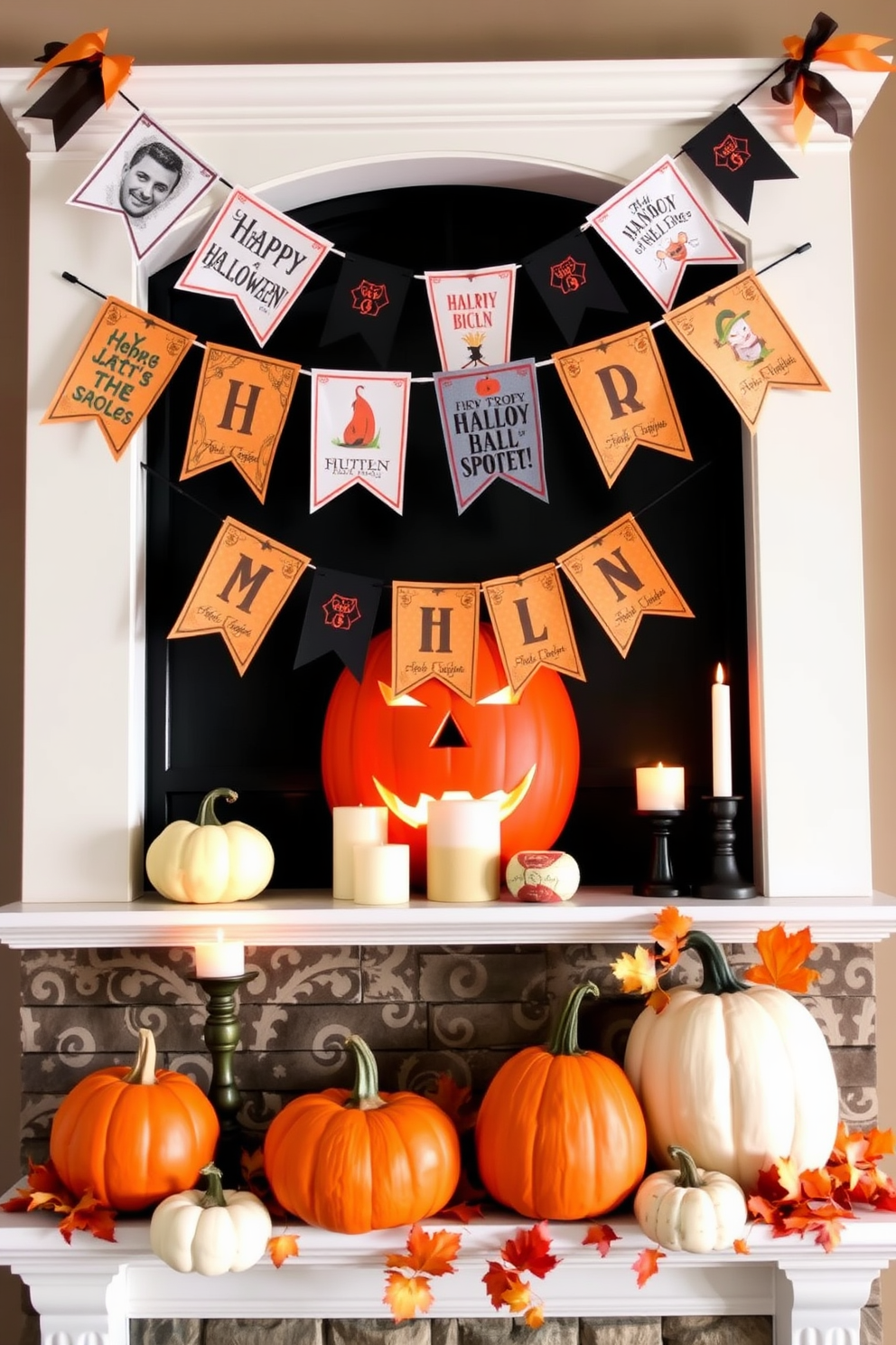 Festive banners with Halloween greetings are draped across the mantel, adding a cheerful touch to the spooky season. The mantel is adorned with an assortment of pumpkins in various sizes, along with flickering candles and autumn leaves for a warm ambiance.