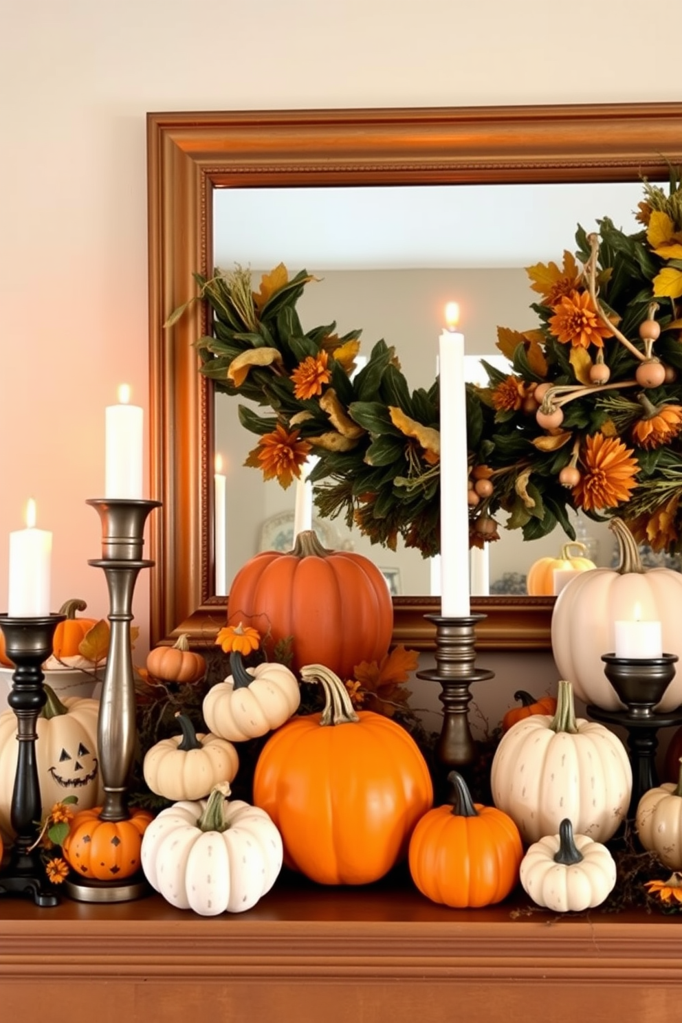 A charming Halloween mantel adorned with vintage pumpkins in varied sizes and colors. The pumpkins are artfully arranged alongside flickering candle holders and autumn foliage, creating a warm and inviting atmosphere.