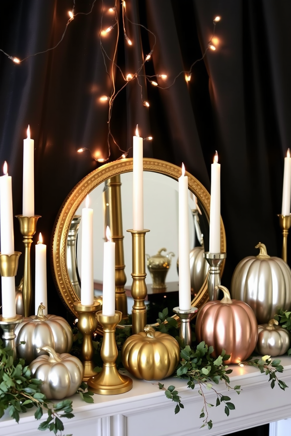 A cozy Halloween mantel decorated with rustic lanterns featuring flickering candles. The warm glow of the candles casts enchanting shadows, creating an inviting atmosphere perfect for the season.