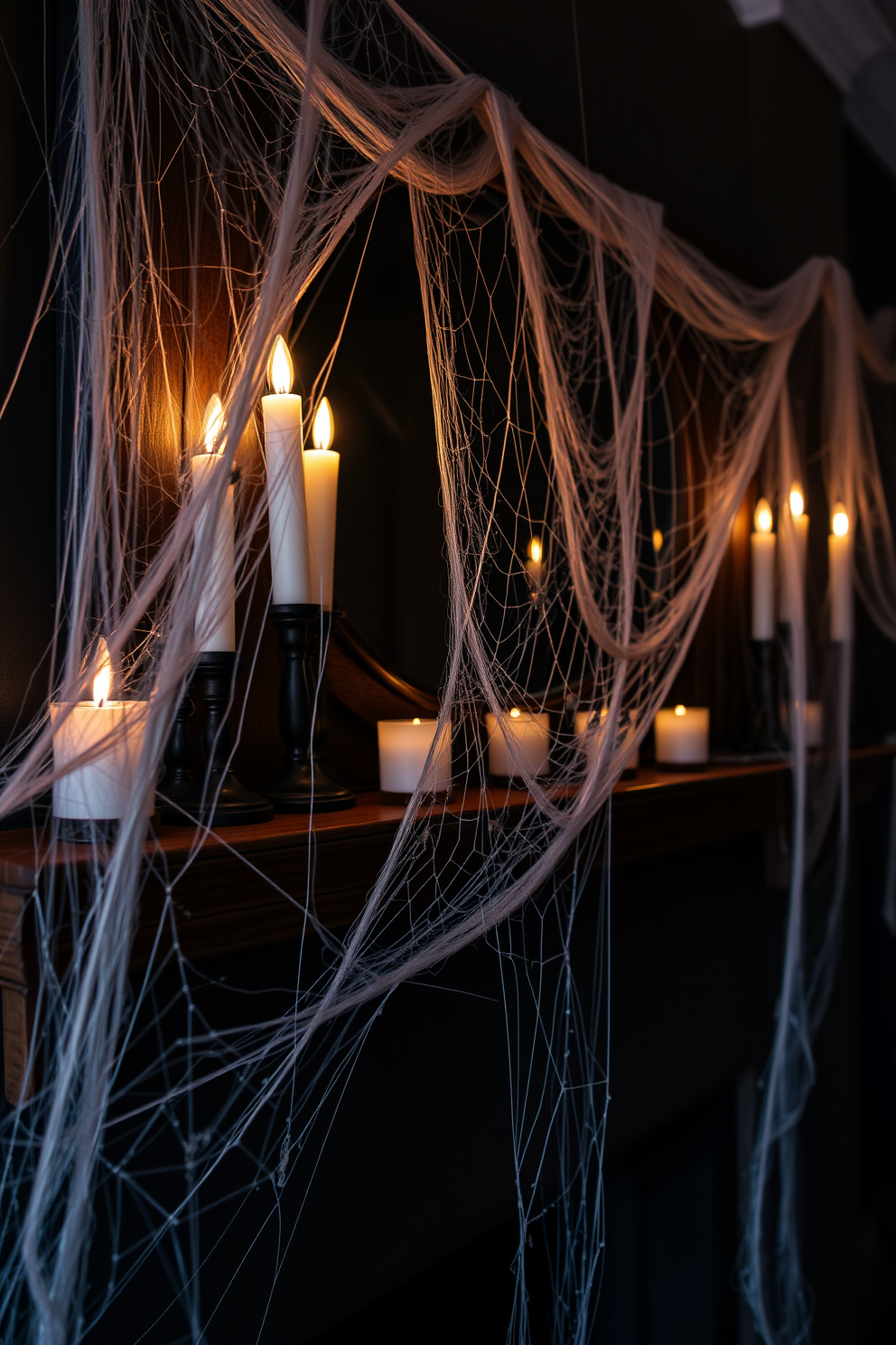 Creepy spider webs drape across a rustic mantel adorned with flickering candles and small plastic spiders nestled within the webbing. The backdrop features a dark, moody color palette, enhancing the eerie atmosphere and creating a spine-chilling focal point for Halloween festivities.