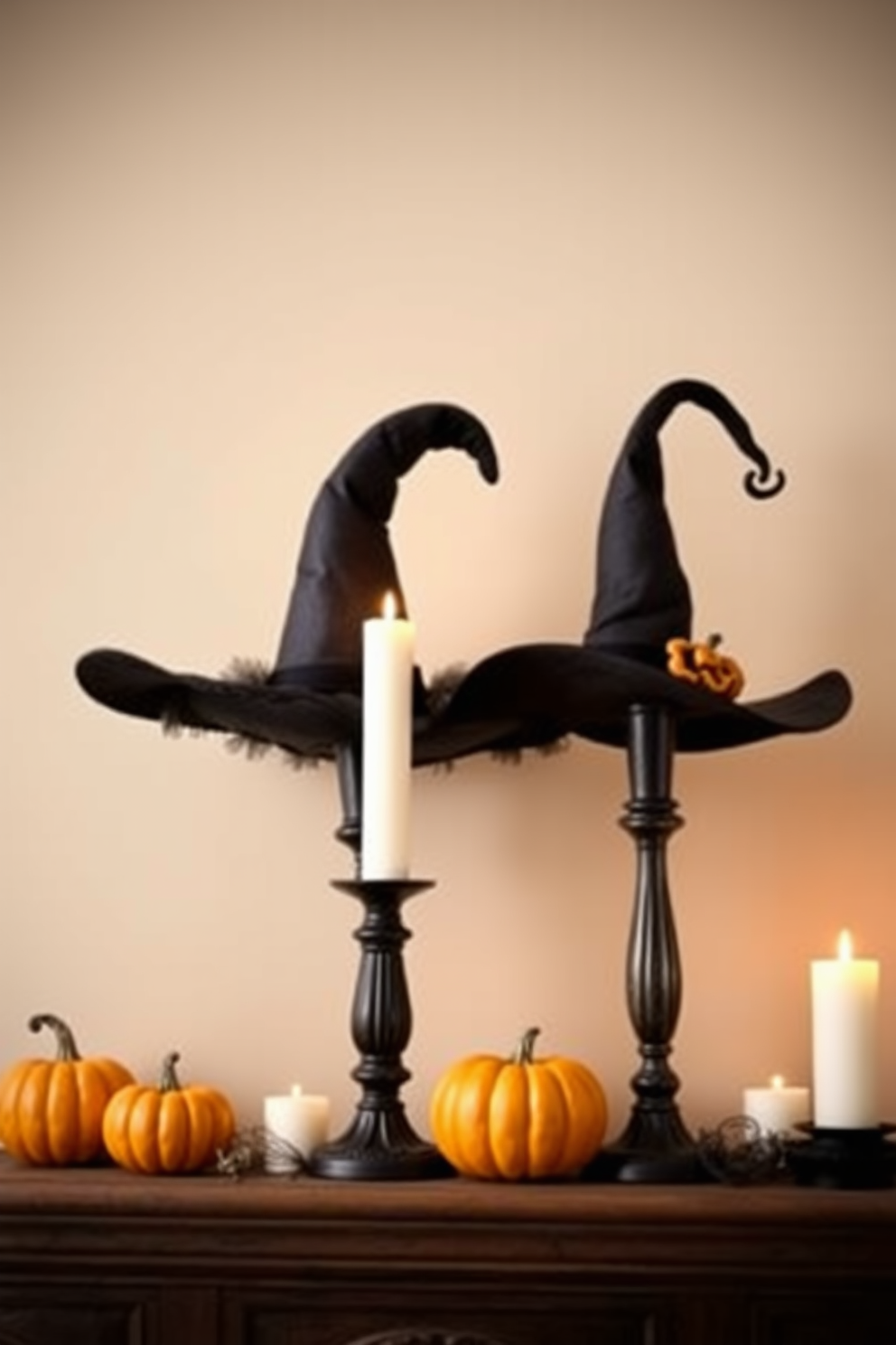 Charming witch hats rest atop elegant candlesticks creating a whimsical focal point for your Halloween mantel. Surround the hats with small pumpkins and flickering candles to enhance the festive atmosphere.