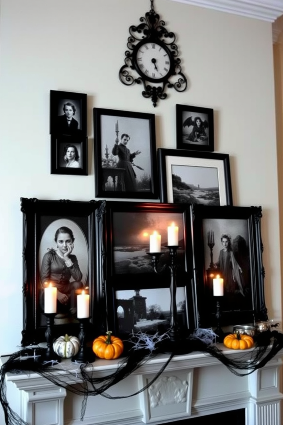 An elegant black and white photo gallery adorns the wall, featuring a collection of framed vintage photographs in varying sizes. The gallery is arranged in a chic, asymmetrical layout, creating a striking focal point in the room. The Halloween mantel is beautifully decorated with an assortment of seasonal elements. Black candles, miniature pumpkins, and delicate cobwebs intertwine to create a festive yet sophisticated atmosphere.