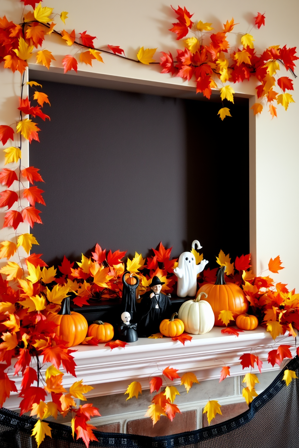 A cozy mantel decorated for Halloween features a backdrop of vibrant autumn leaves in shades of orange, yellow, and red. Spooky accents like miniature pumpkins and ghostly figures are artfully arranged among the foliage, creating a festive and inviting atmosphere.