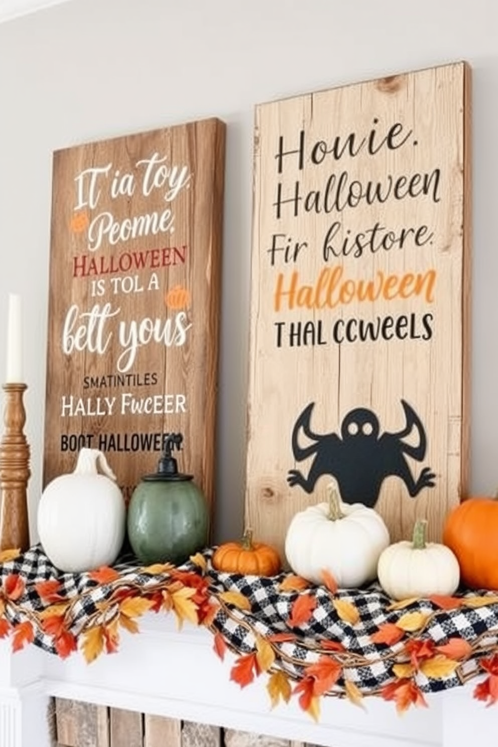 A cozy mantel adorned with rustic wooden crates filled with vibrant gourds in various shapes and sizes. The warm, earthy tones of the gourds contrast beautifully with the natural wood of the crates, creating an inviting autumnal display.