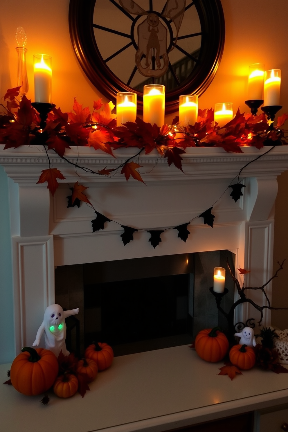 A cozy Halloween mantel adorned with flickering LED candles casting a spooky glow. The mantel is decorated with an assortment of autumn leaves, miniature pumpkins, and ghostly figures to enhance the festive atmosphere.