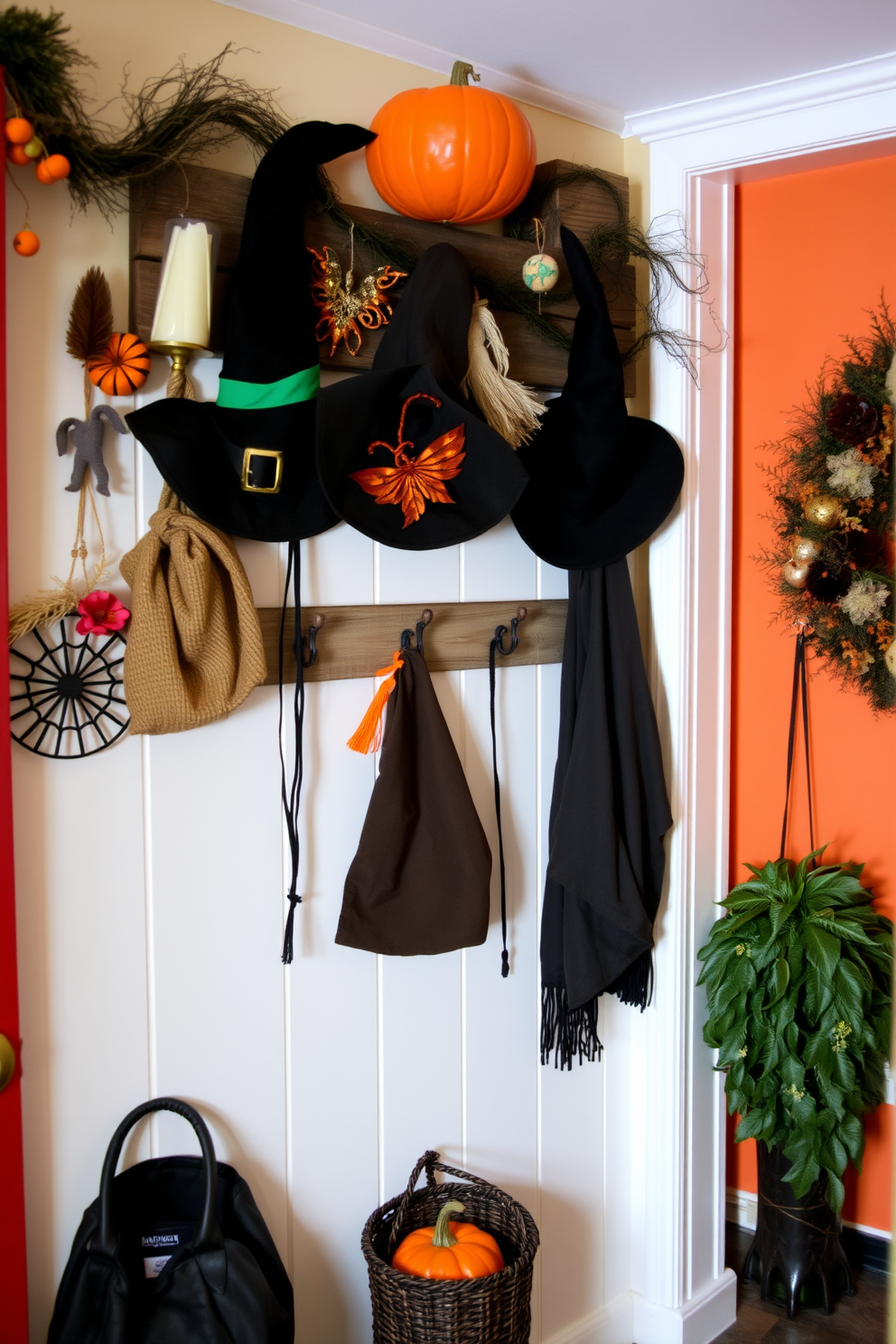 A cozy mudroom decorated for Halloween features a collection of witches hats hanging on rustic wooden hooks. The walls are adorned with seasonal decorations, and a warm, inviting color palette enhances the festive atmosphere.