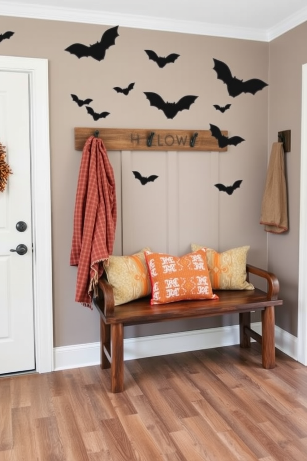 Create a cozy mudroom decorated for Halloween. The walls are adorned with playful bat silhouettes, and a rustic bench is placed against the wall, topped with seasonal throw pillows.