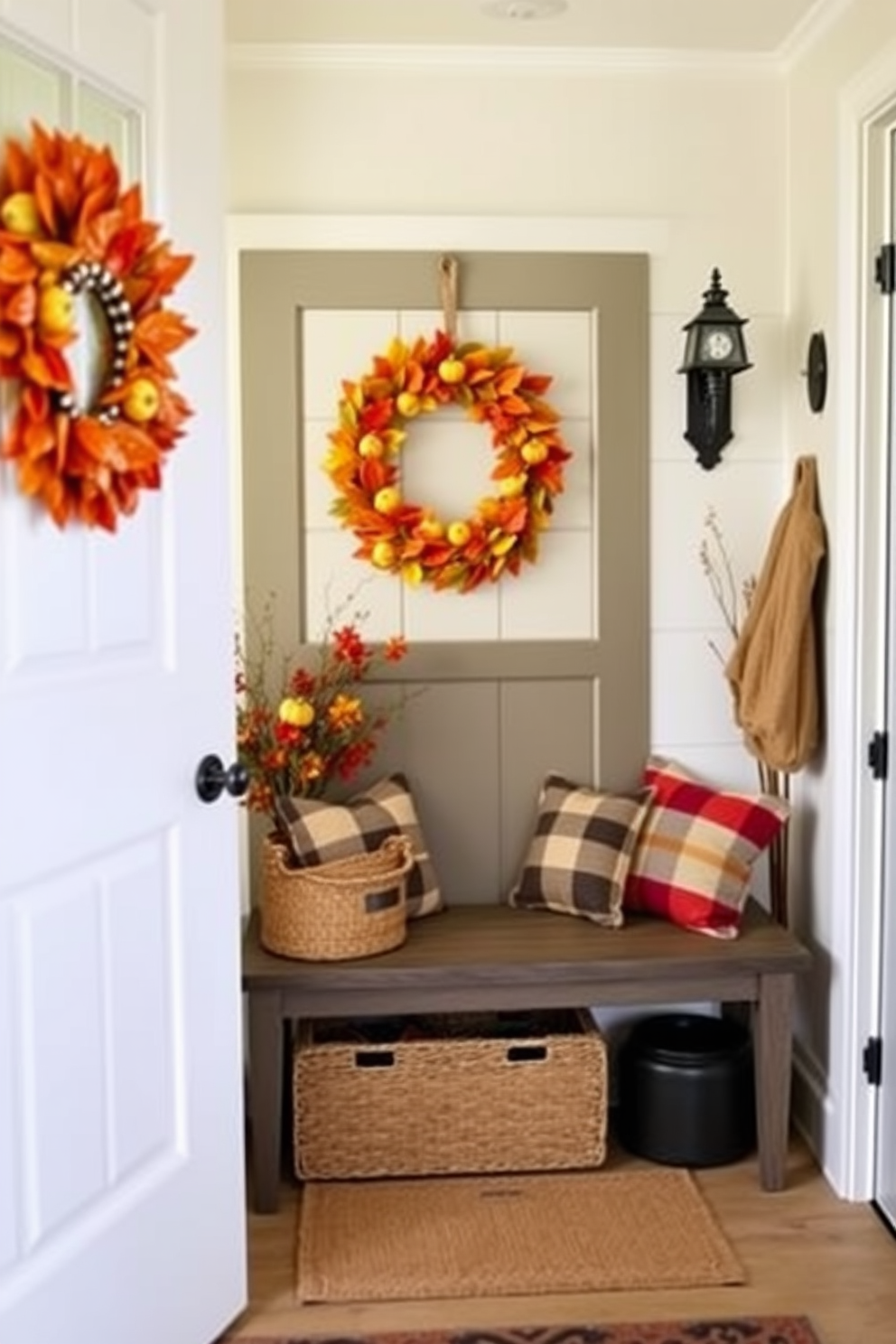 A charming mudroom decorated for Halloween features a harvest wreath on the door made of colorful autumn leaves and small pumpkins. Inside, a cozy bench is adorned with plaid cushions and a basket filled with seasonal decor, creating a warm and inviting atmosphere.