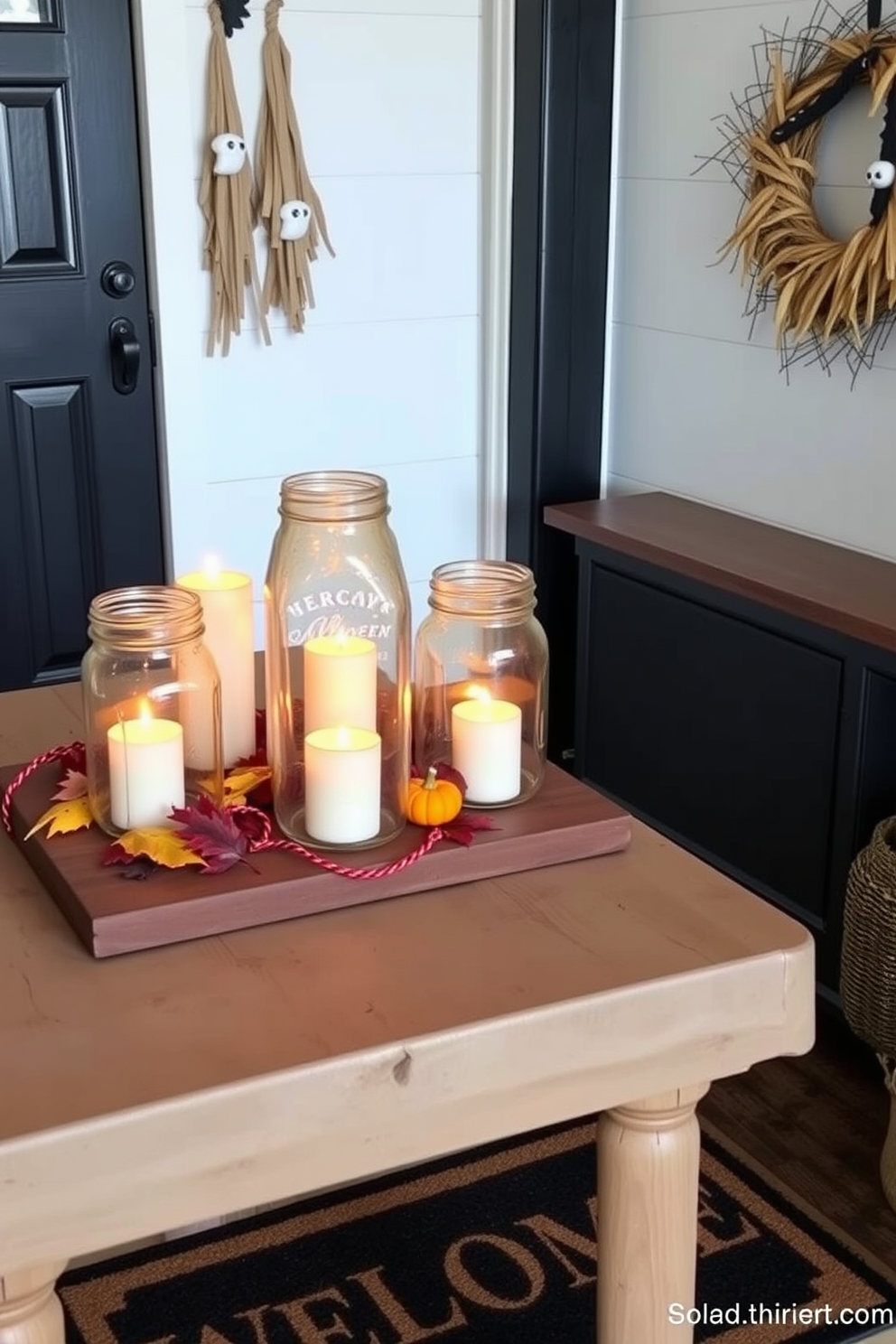 A mummy-wrapped planter sits prominently in the corner of the mudroom, adorned with vibrant seasonal flowers that add a touch of color. The walls are decorated with playful Halloween-themed artwork, creating a festive atmosphere that welcomes guests. The mudroom features a rustic bench made of reclaimed wood, providing a cozy spot for putting on shoes. Shelves above the bench are lined with decorative storage baskets, keeping the space organized and stylish.