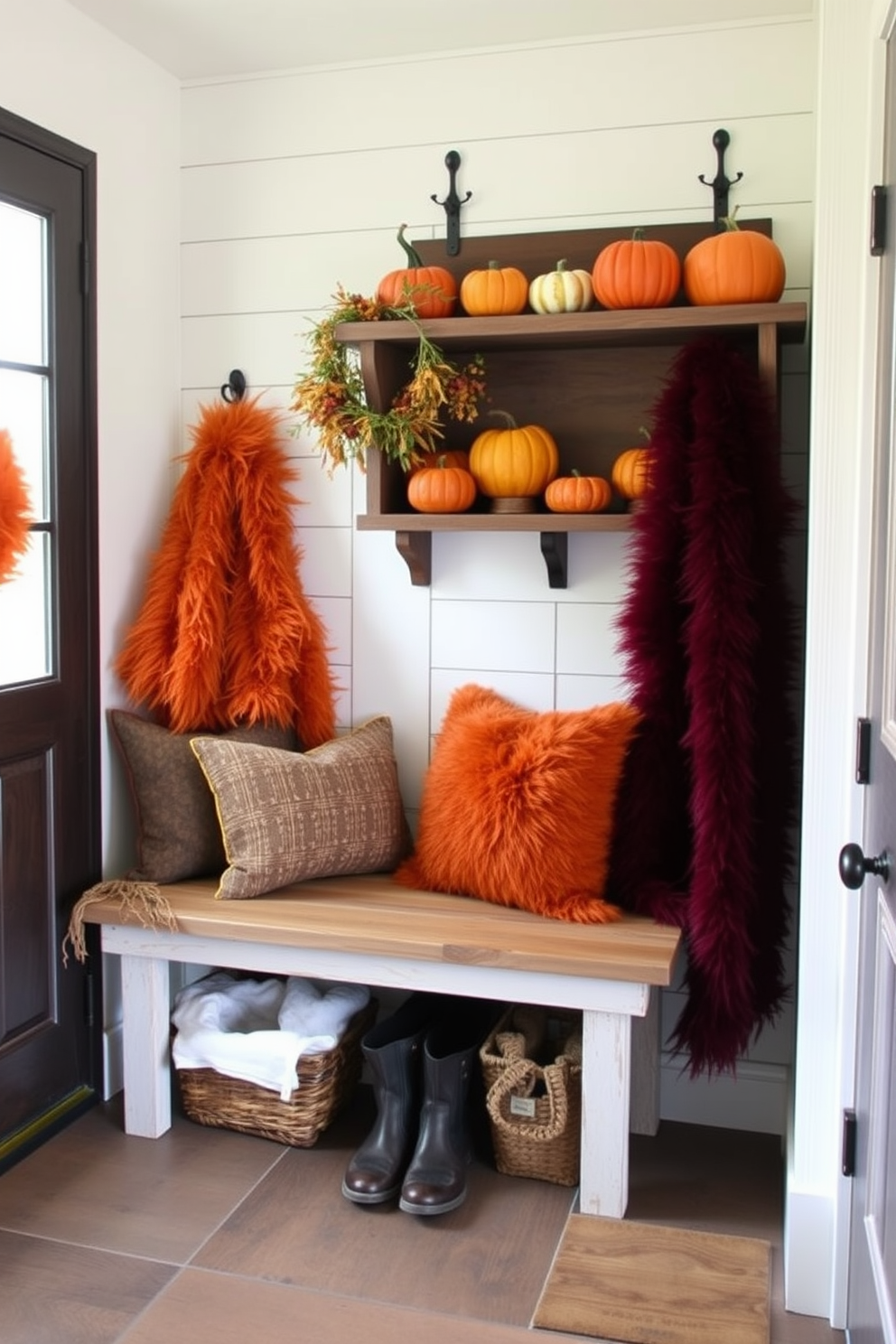 A cozy mudroom decorated for Halloween features faux fur throws in rich autumn colors like burnt orange and deep burgundy. The space includes a rustic bench with seasonal pillows and a collection of pumpkins arranged on a wooden shelf.