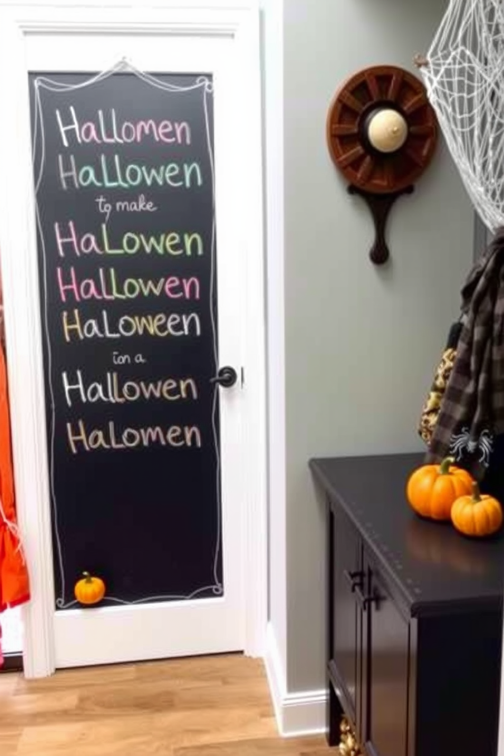 A cozy mudroom decorated for Halloween. The walls are adorned with a large chalkboard displaying playful Halloween messages in colorful chalk, surrounded by festive decorations like mini pumpkins and spider webs.